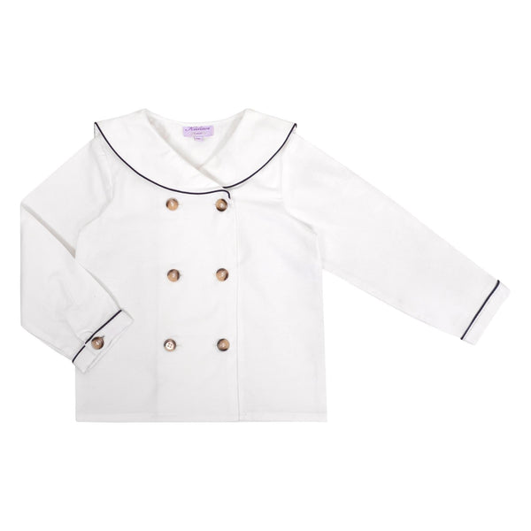 Ambroise, Boy's long-sleeved shirt, sailor collar with navy piping, double-breasted opening, in off-white organic cotton twill