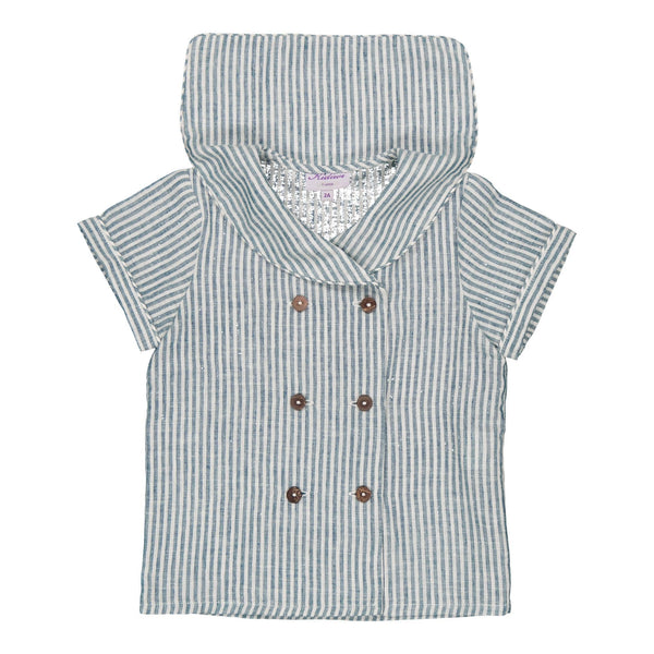 Ambroise, boy  shirt with sailor collar, short sleeves and double-breasted opening, in Teal stripes linen