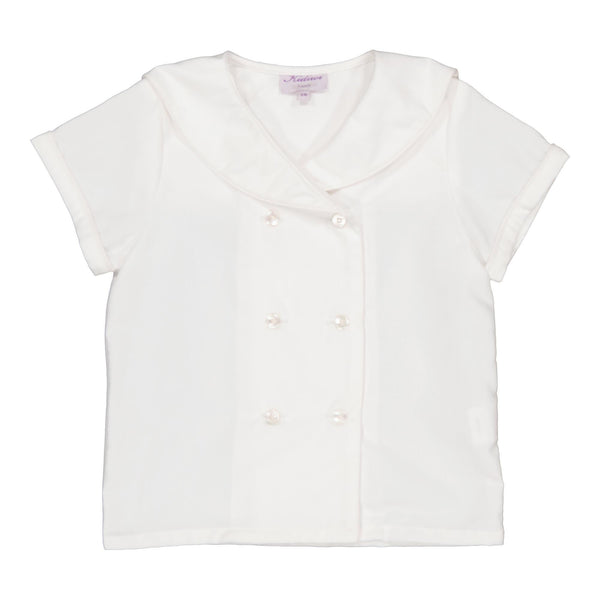 Ambroise, boy  shirt with sailor collar, short sleeves and double-breasted opening, in White cotton piqué