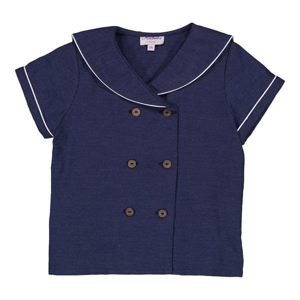Ambroise, boy  shirt with sailor collar, short sleeves and double-breasted opening, in Jean chambray