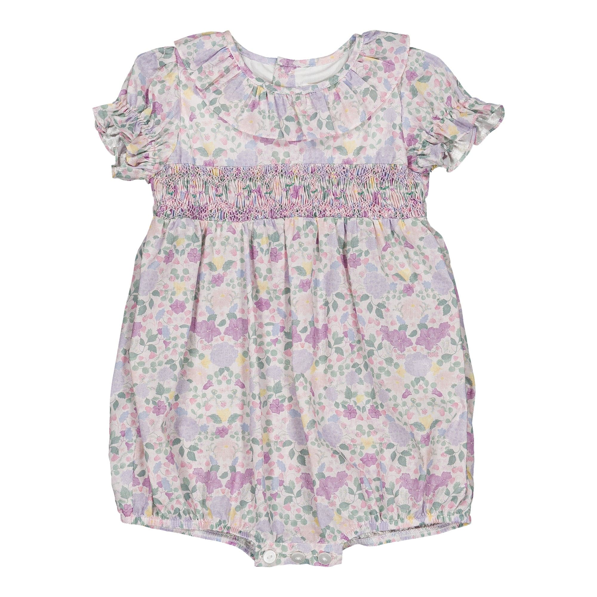 Anthéa MC, smocked girl romper, in Exclusive Lilac and pink garden print