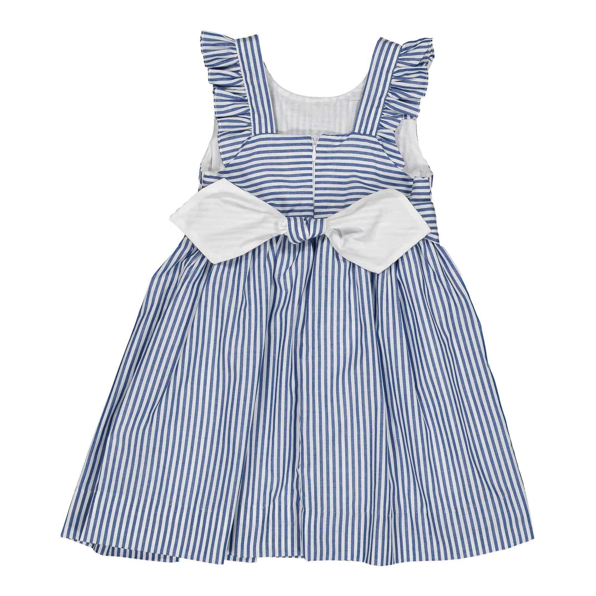 Bégonia, smocked dress, in Navy blue stripes