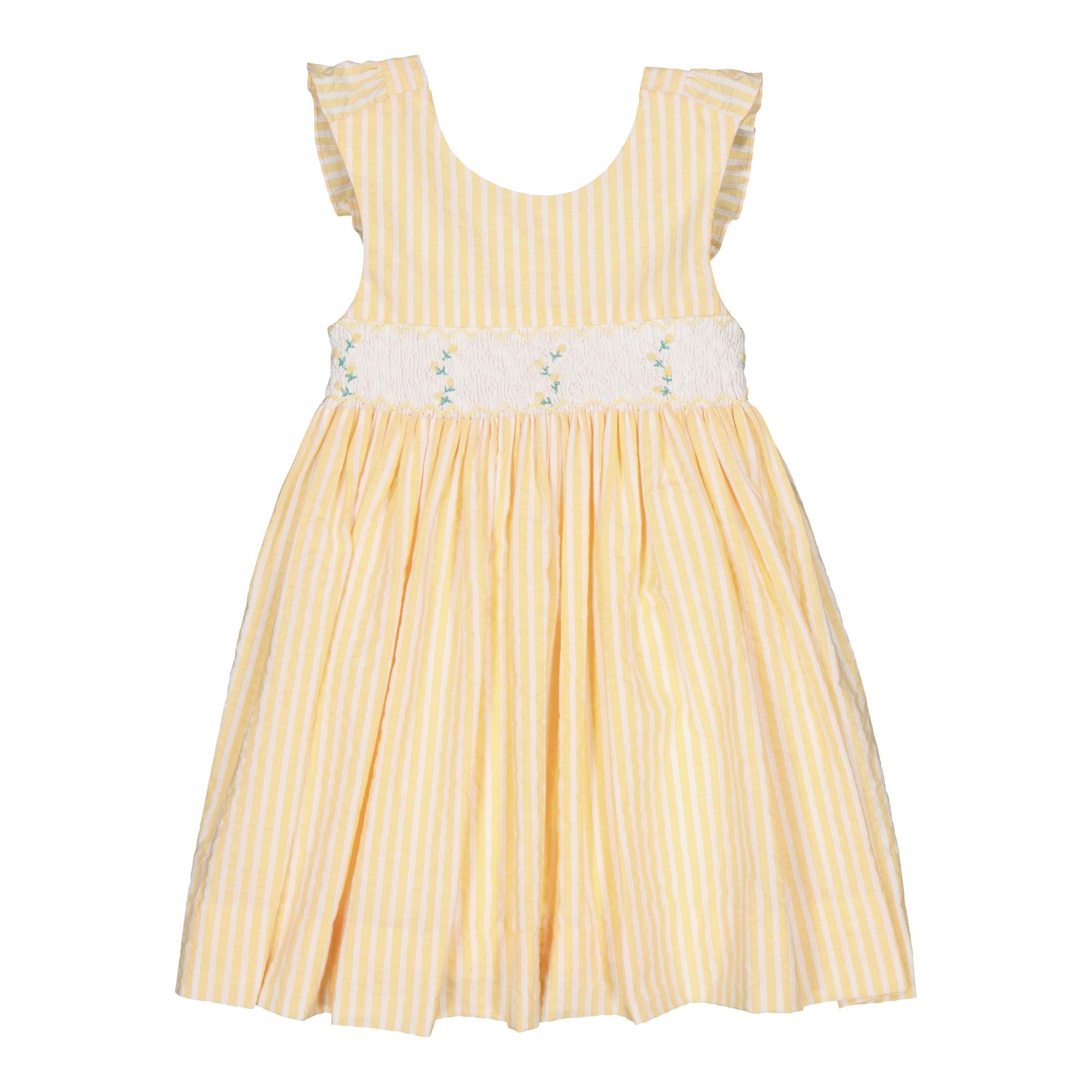 Bégonia, smocked dress with ruffled straps on back, in Yellow and white seersucker stripes
