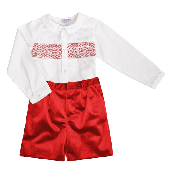 Benoit, Boy's set, with long-sleeved smocked shirt and shorts, in Red velvet