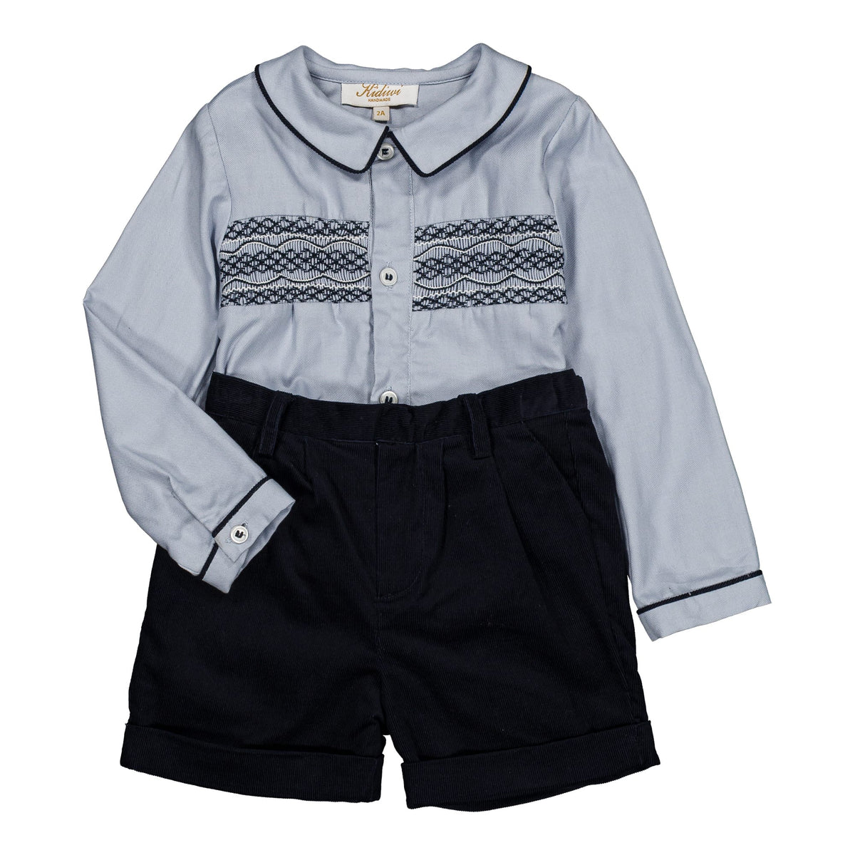 Benoît, Ensemble garçon smocké de coton bleu
