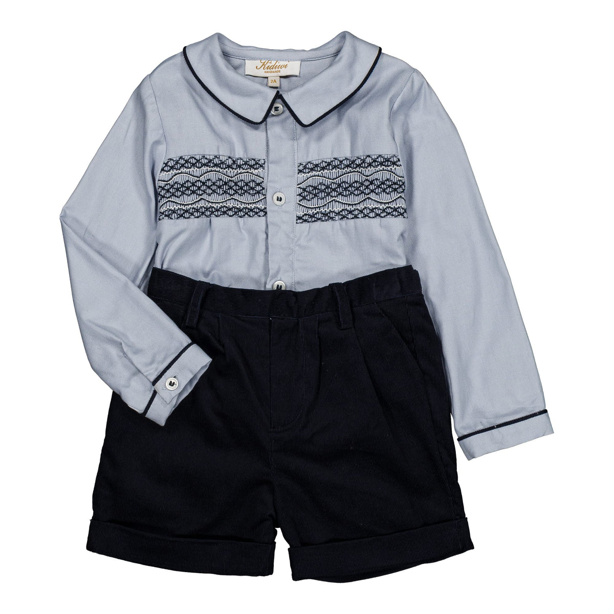 Benoît, Ensemble garçon smocké de coton bleu