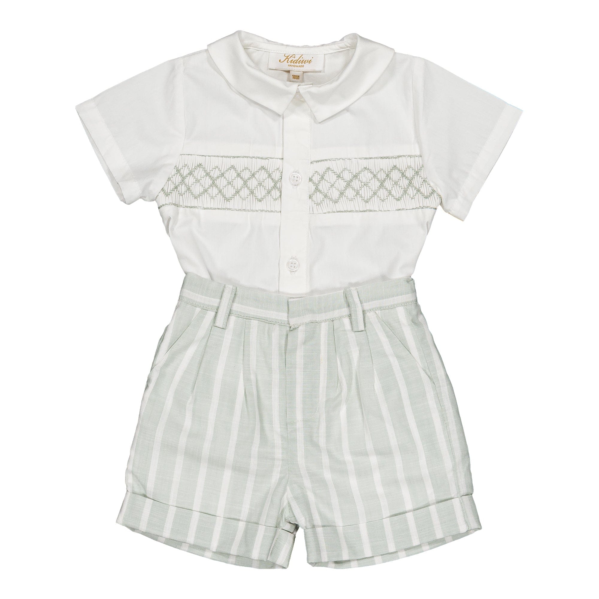 Benoit, ensemble smocké pour garçon, à larges rayures menthe