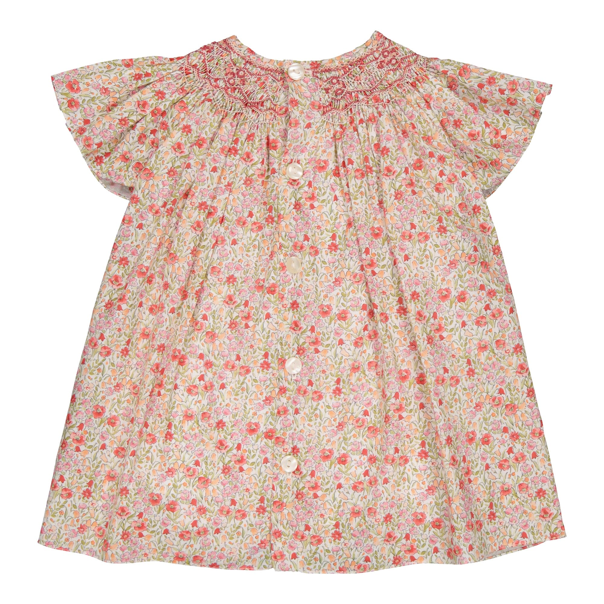 Bergénie, blouse smockée, imprimé fleuri rouge