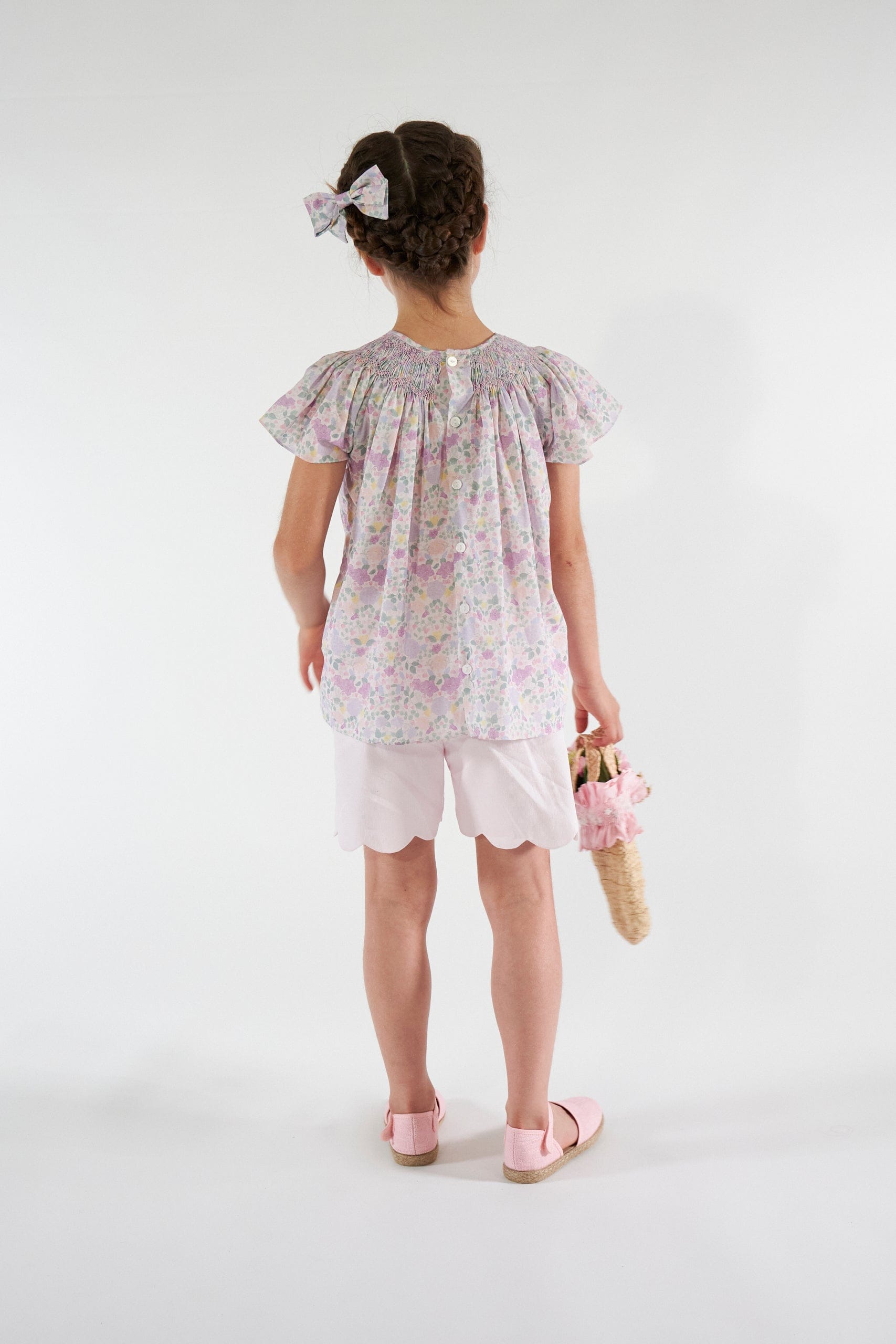 Bergénie, smocked girl blouse, in Exclusive Lilac and pink garden print