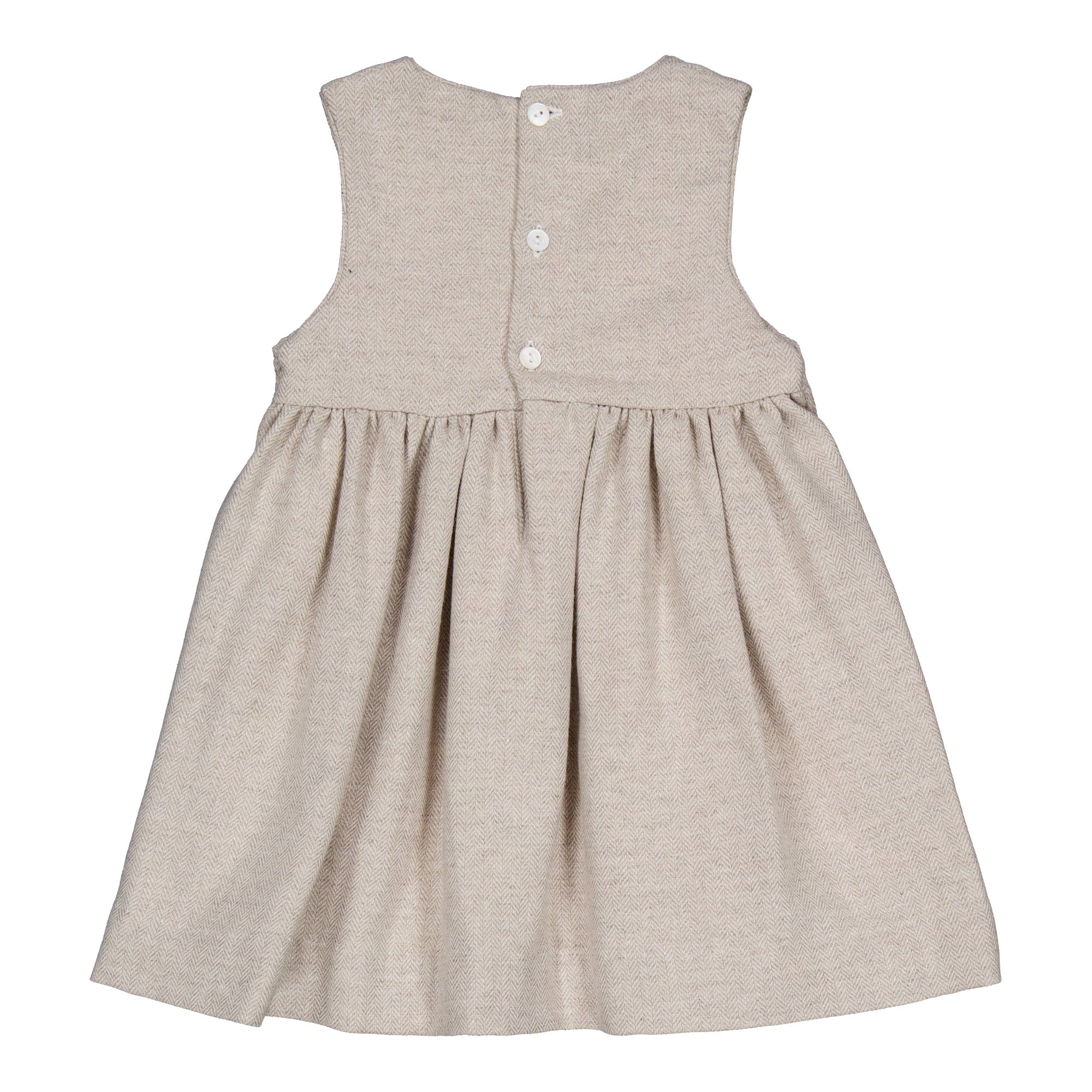 Carmelle, robe chasuble smockée en laine beige à chevrons
