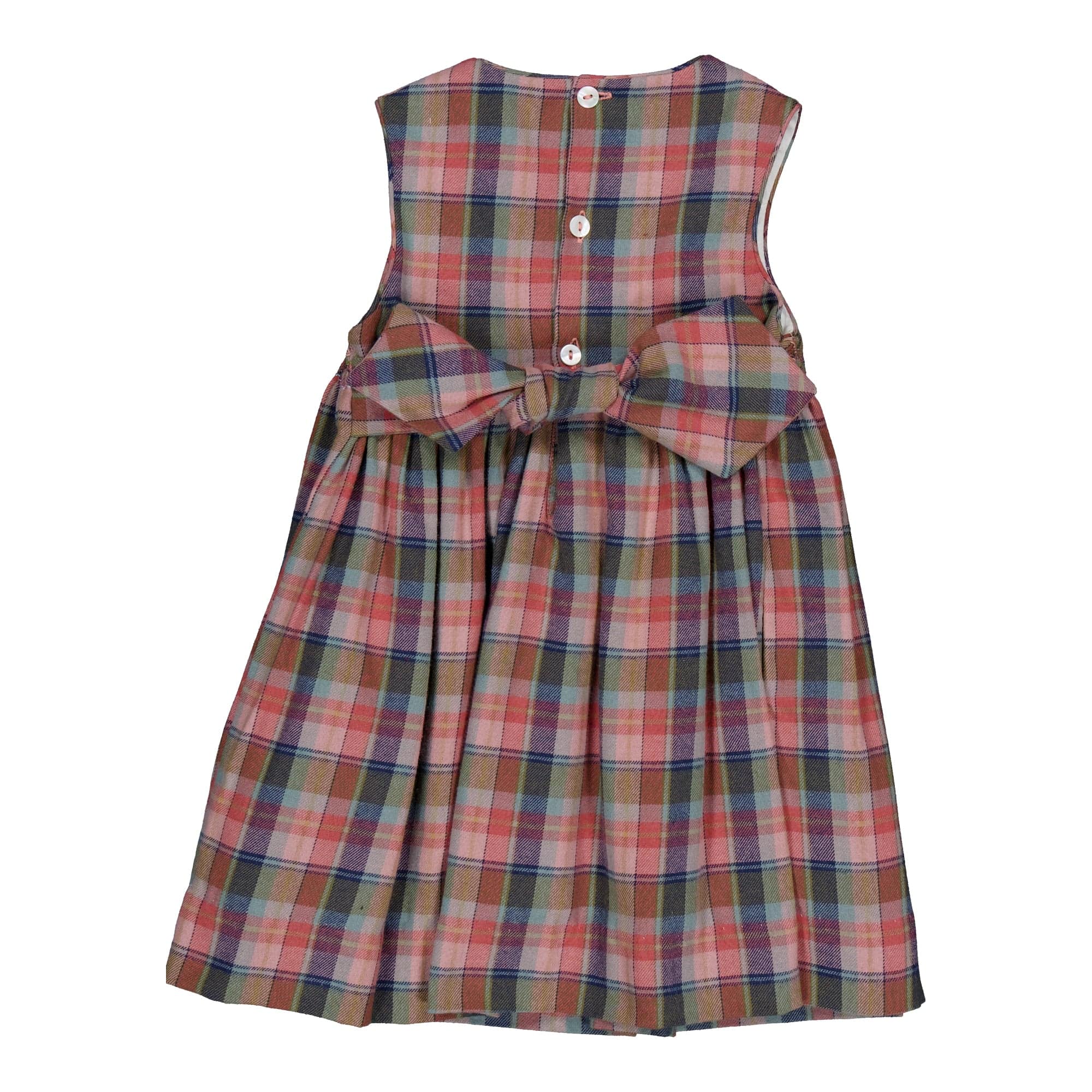 Carmelle, robe chasuble smockée en tartan rose aurora