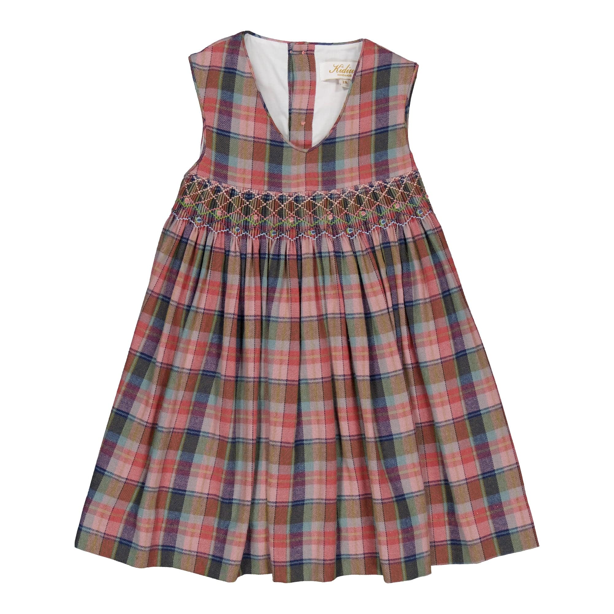Carmelle, robe chasuble smockée en tartan rose aurora