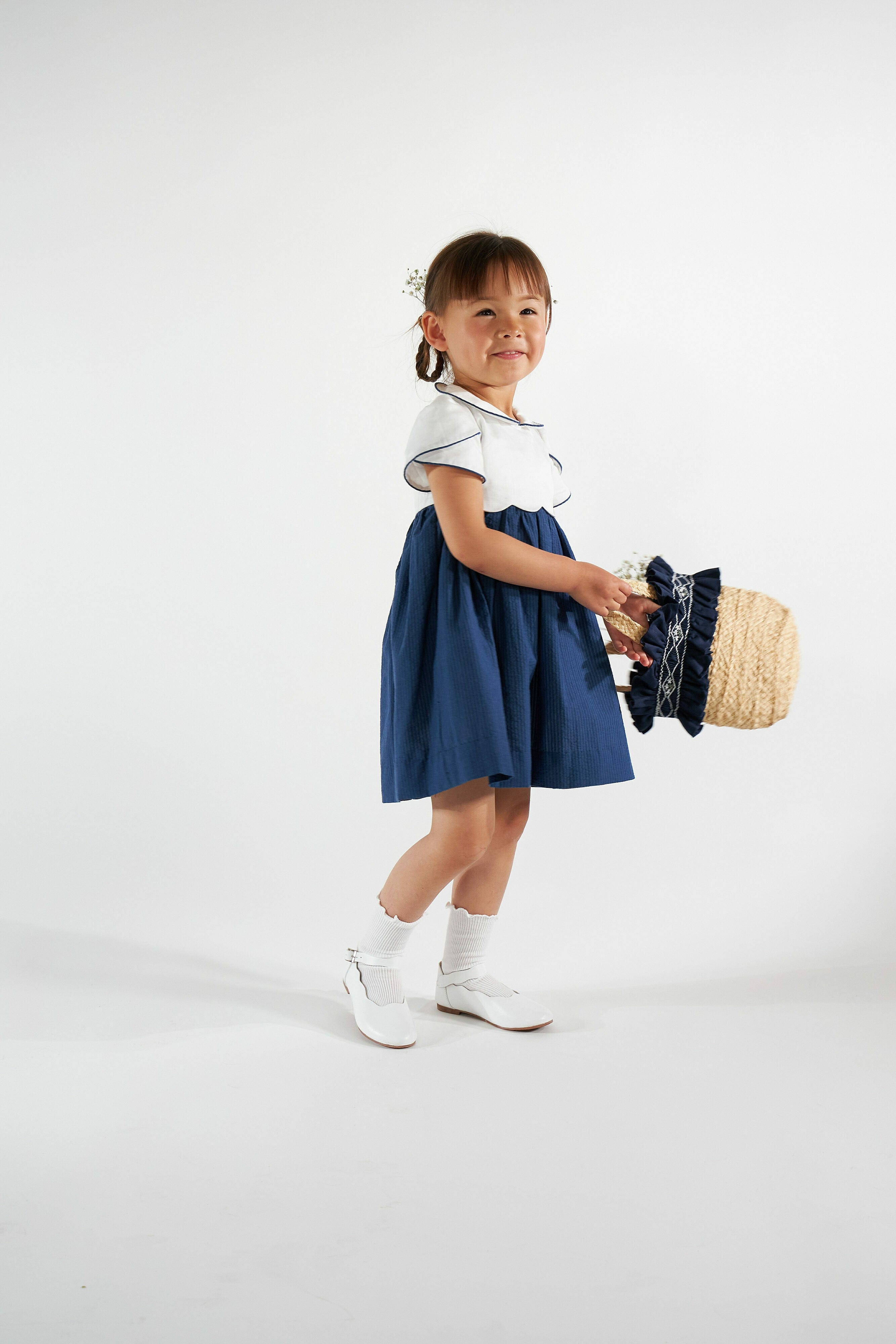 Célestine, robe, en seersucker bleu marine