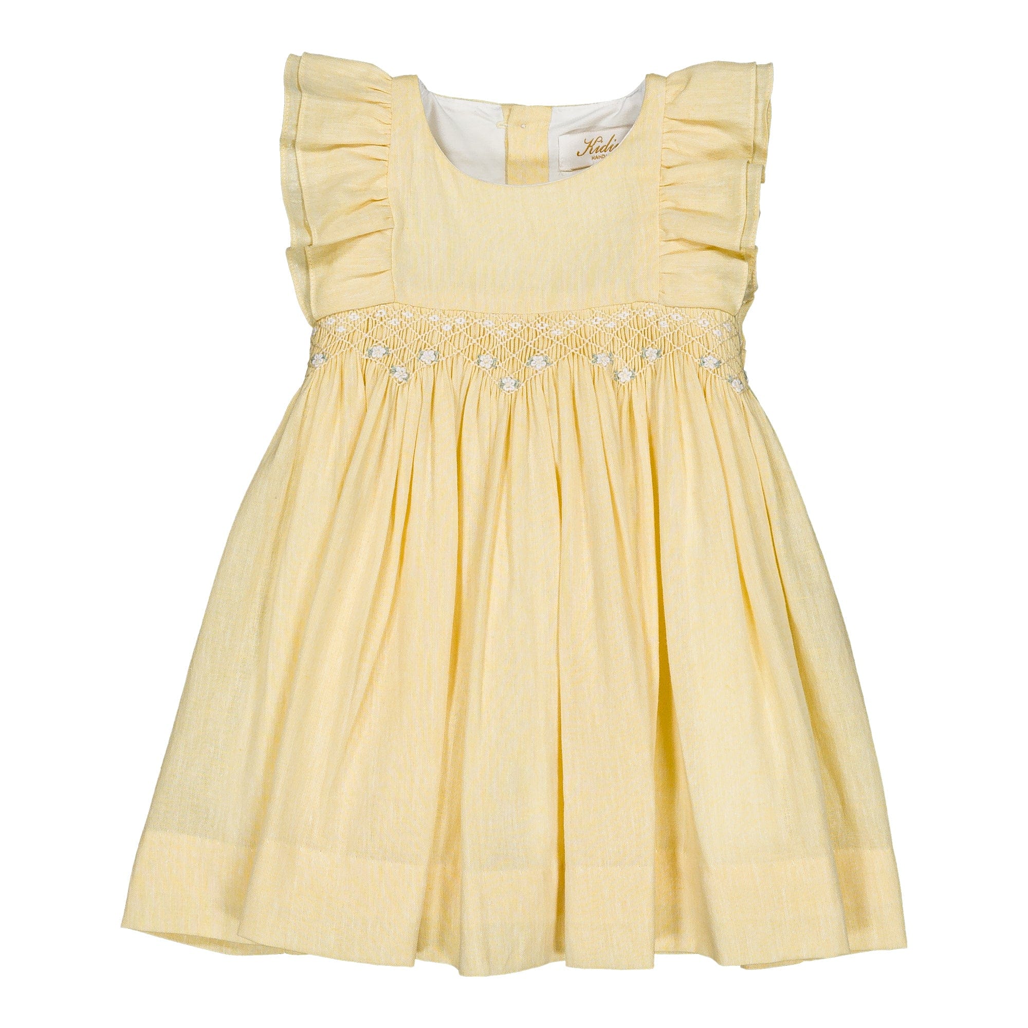 Clarisse, robe smockée, en coton-lin jaune