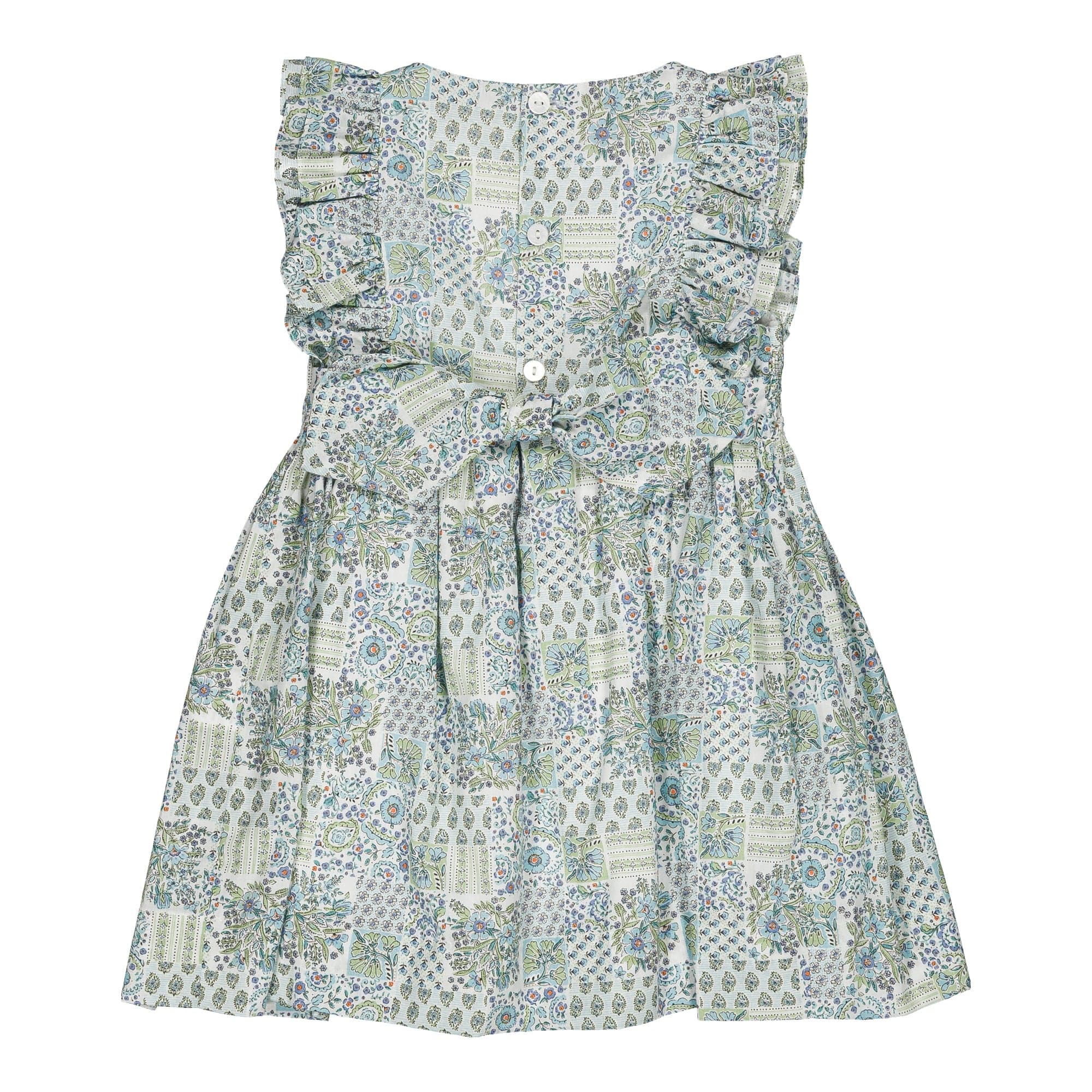 Clarisse, robe smockée, imprimé patchwork bleu
