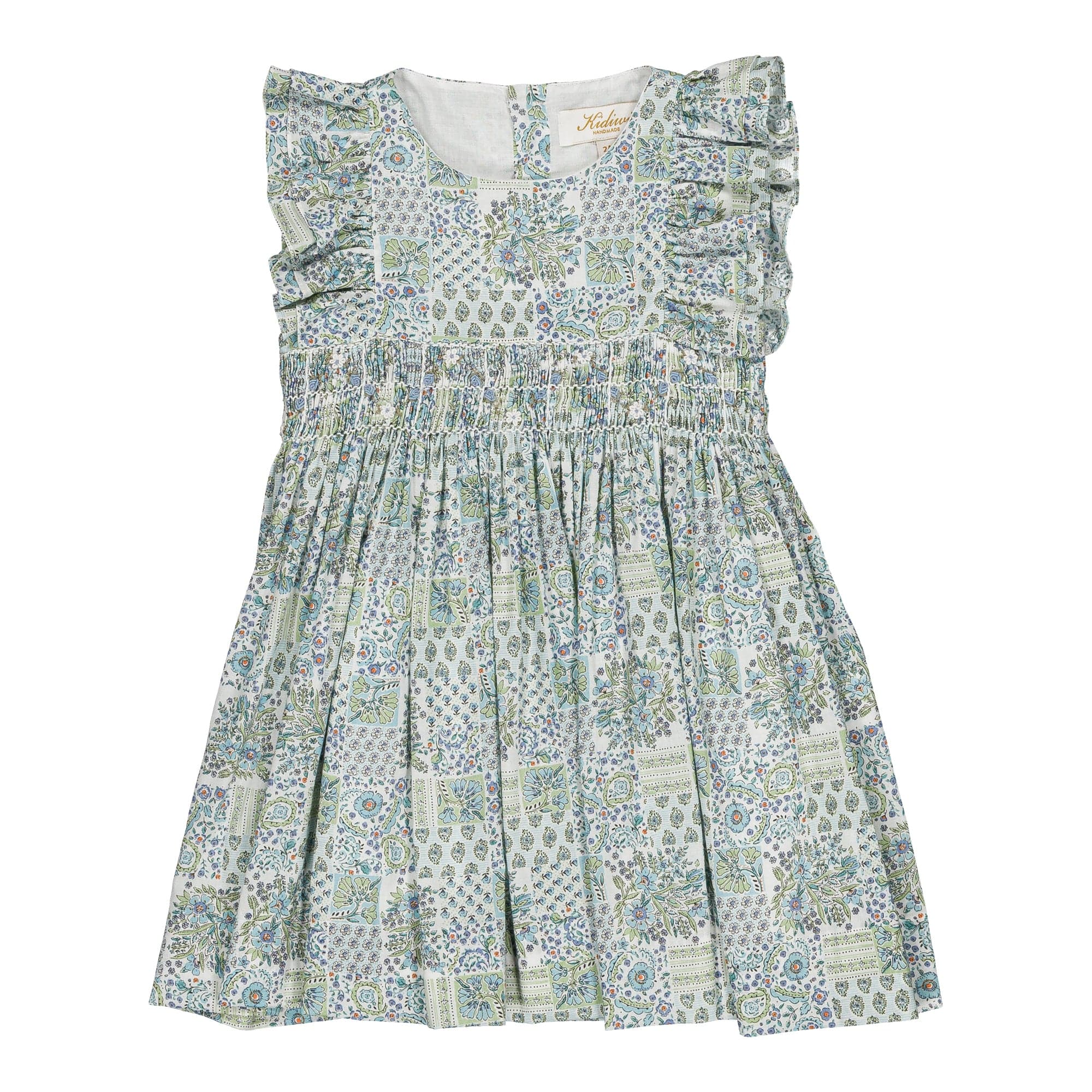 Clarisse, robe smockée, imprimé patchwork bleu