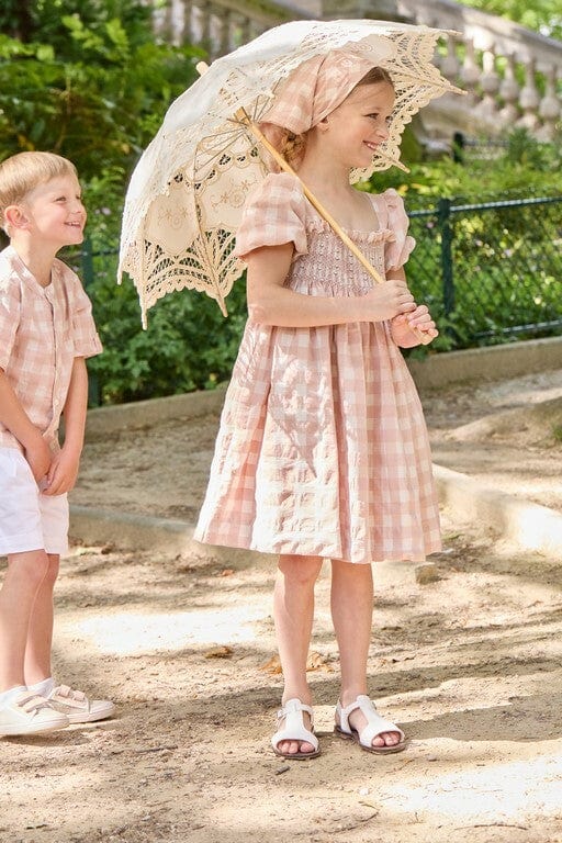 Crocuséa, robe à smocks en seersucker rose sable