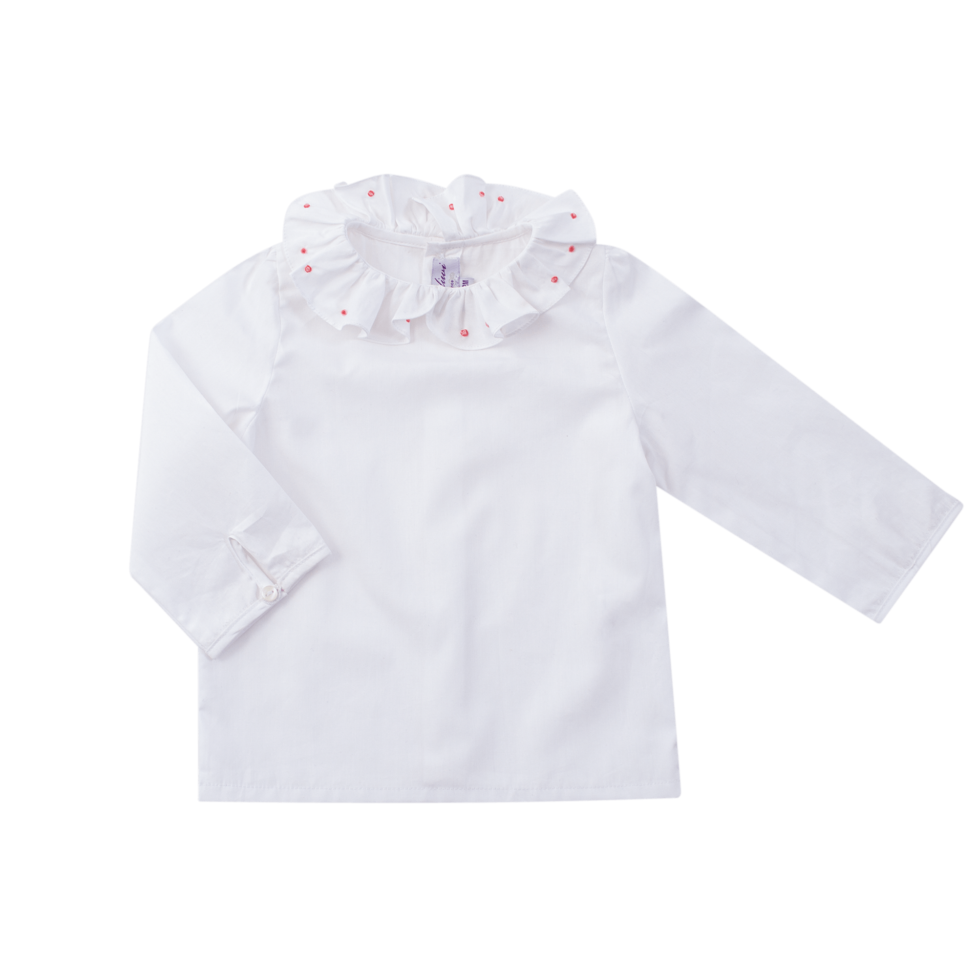 Delphine, chemise col volanté, broderies de points rose