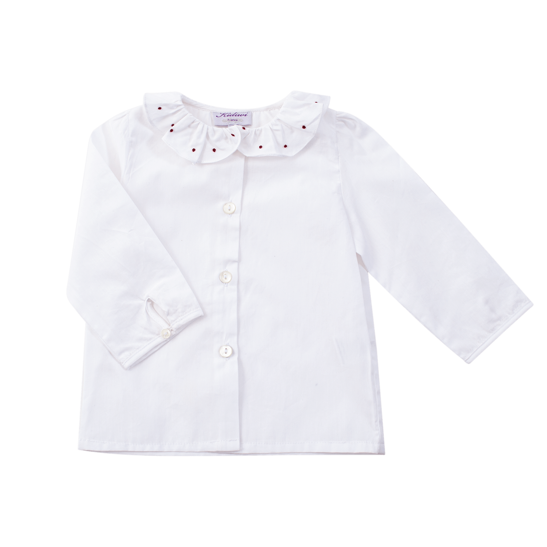 Delphine, chemise volanté, broderies de points bordeaux