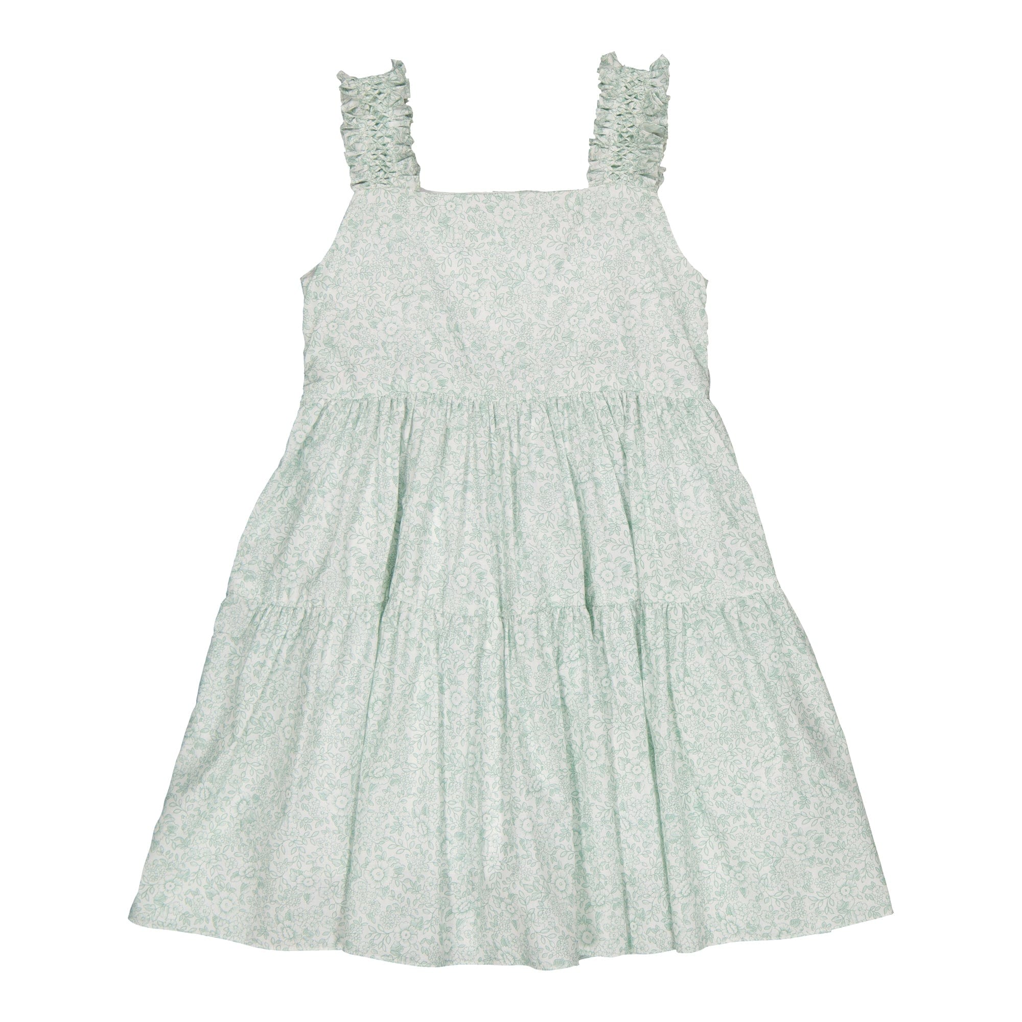 Donatella, robe à smocks, imprimé vert inspiré toile de jouy