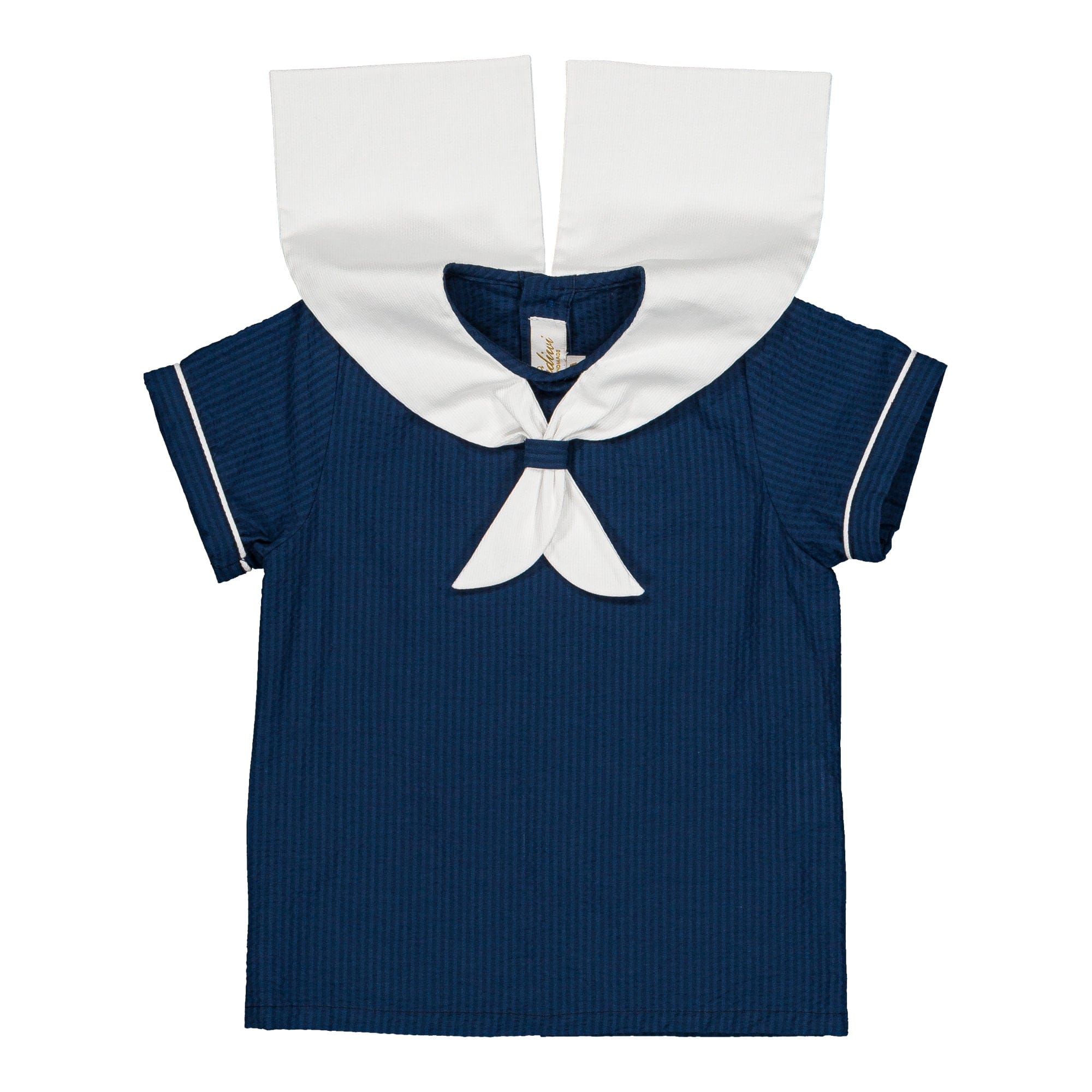 Eustache, blouse garçon, en petites rayures seersucker bleu marine