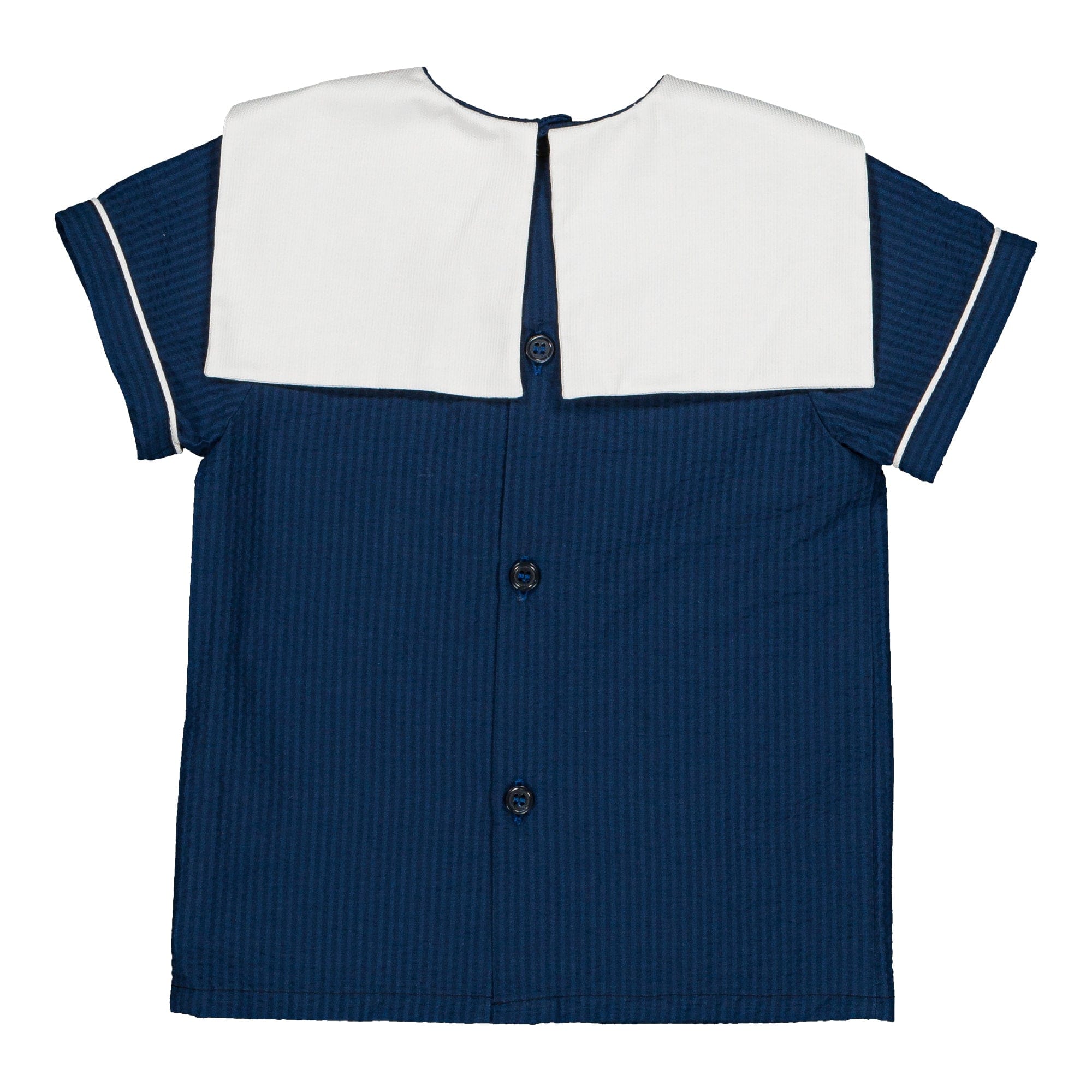 Eustache, blouse garçon, en petites rayures seersucker bleu marine