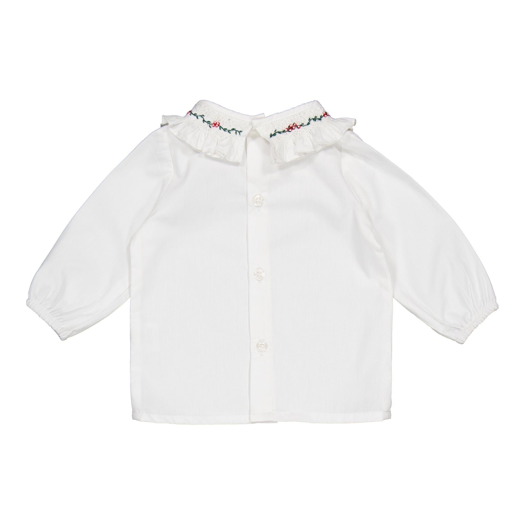 Faye, blouse smockée fille en popeline blanche, broderie houx