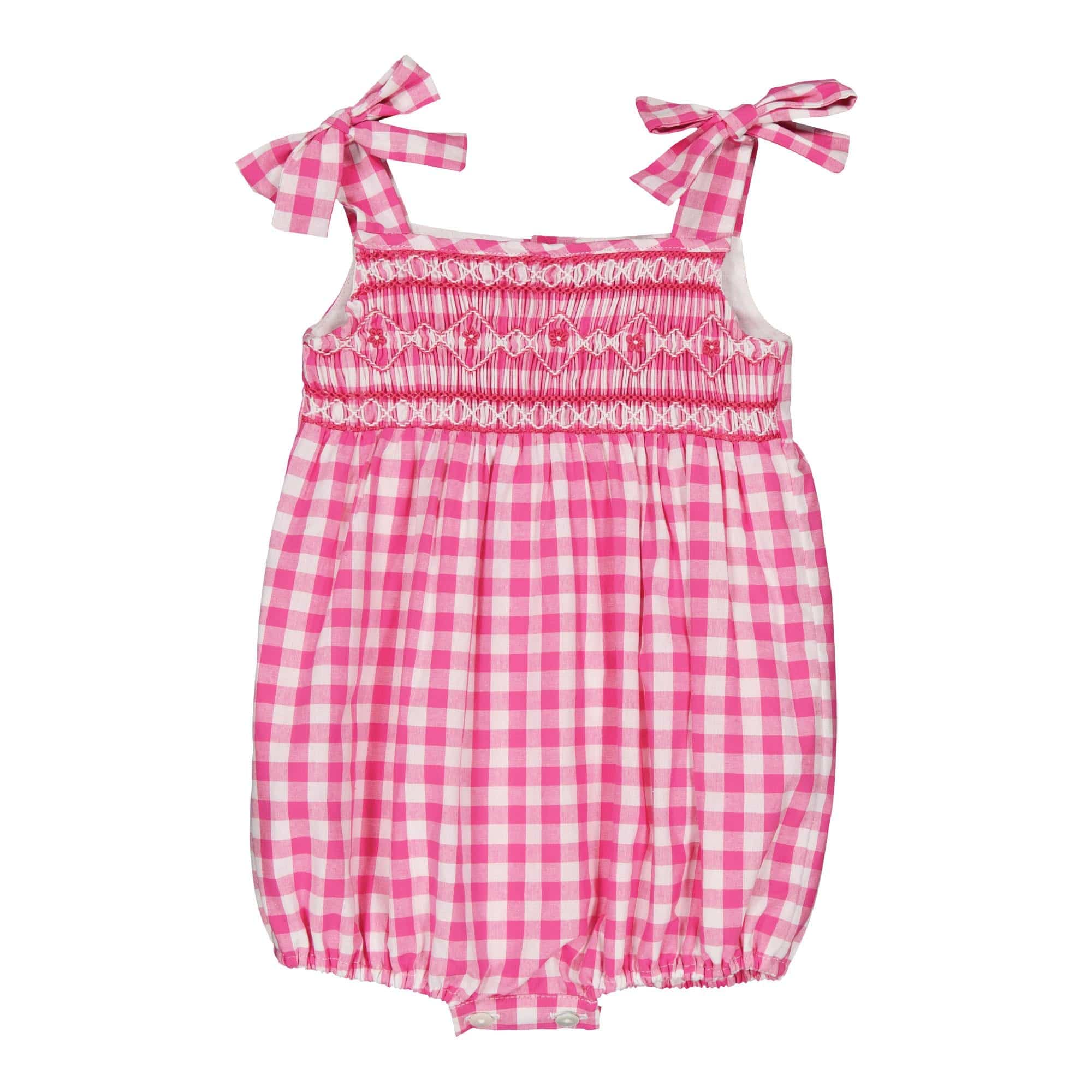 Francine, smocked baby girl romper with tied straps, in Large fuchsia gingham