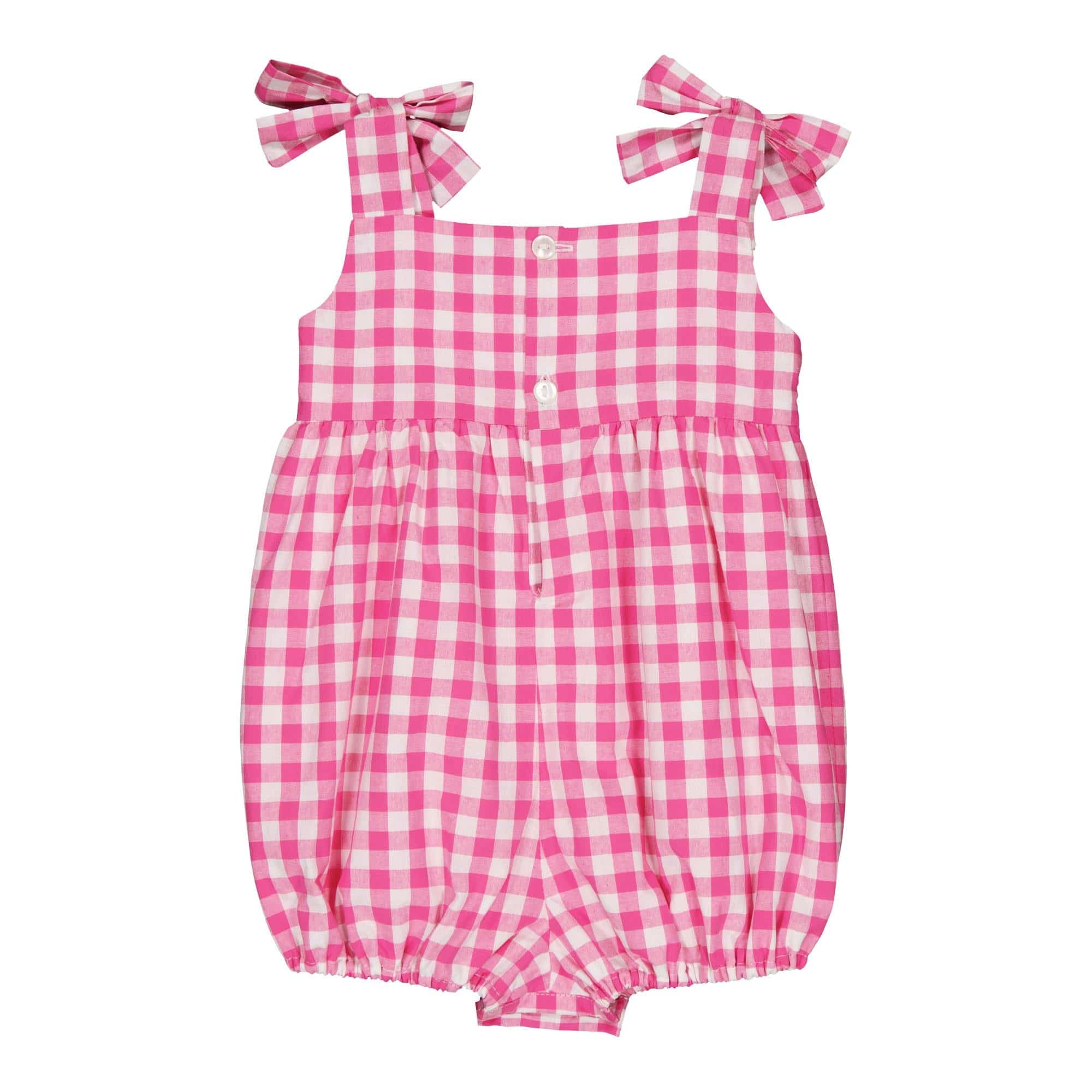 Francine, smocked baby girl romper with tied straps, in Large fuchsia gingham
