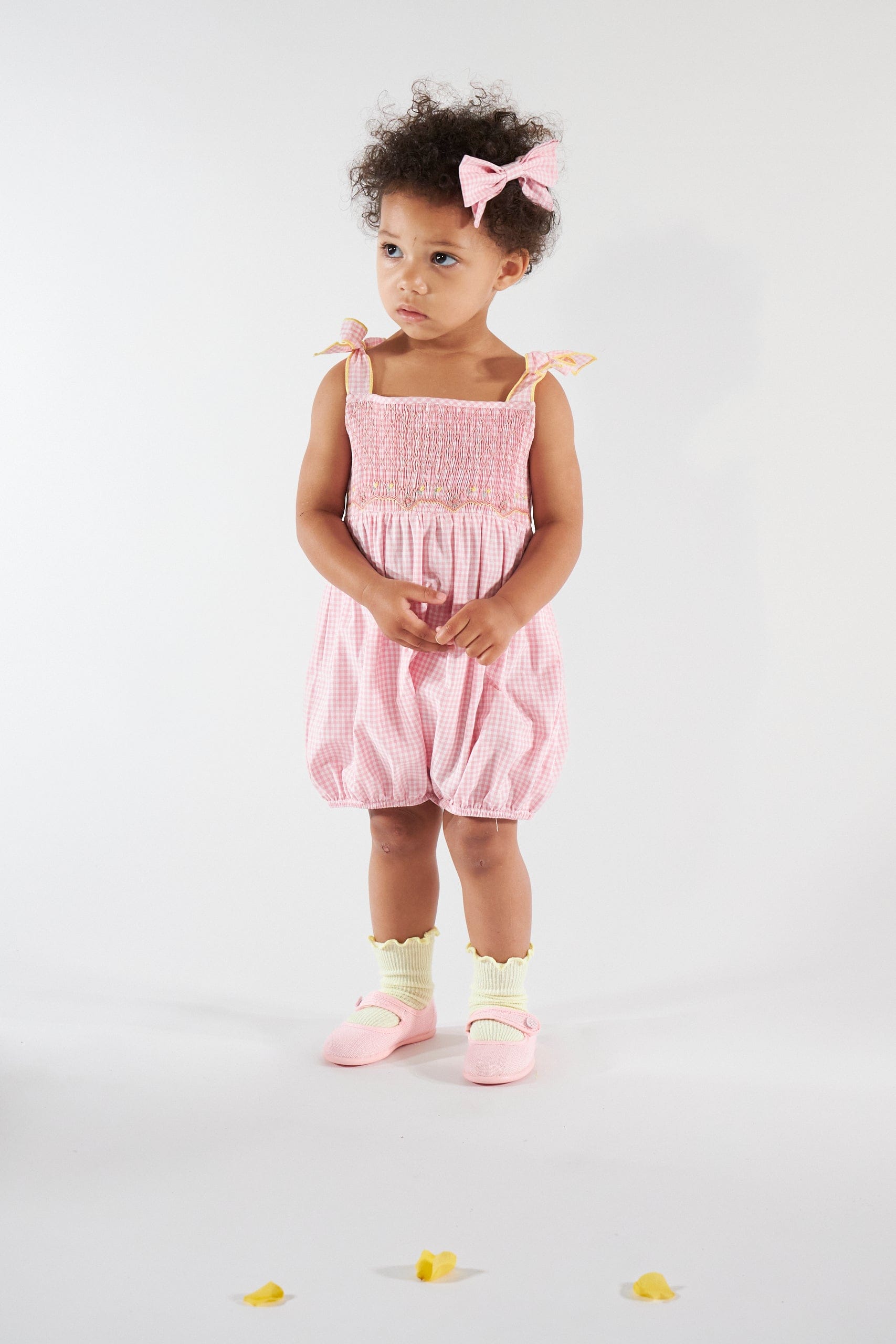 Francine, smocked girl romper, in Candy pink small gingham