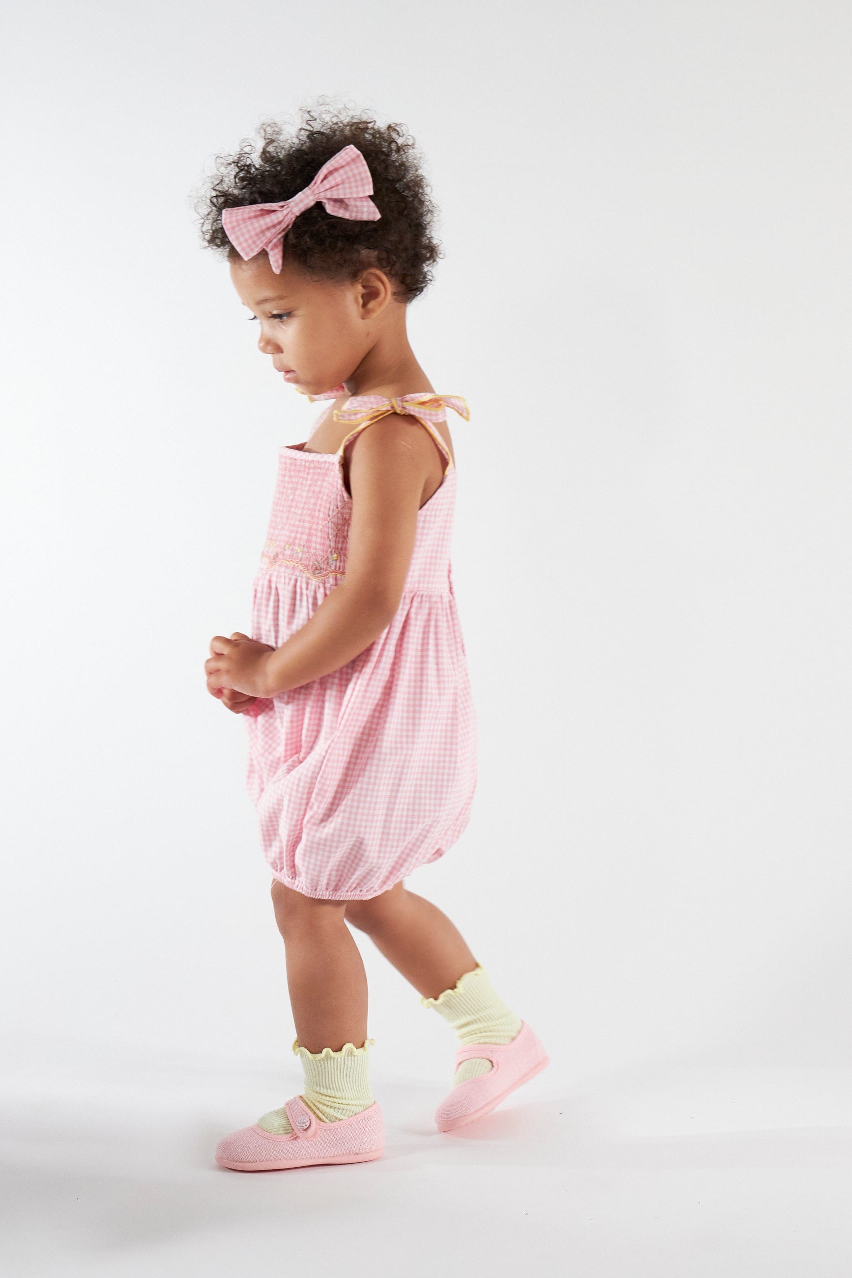 Francine, smocked girl romper, in Candy pink small gingham