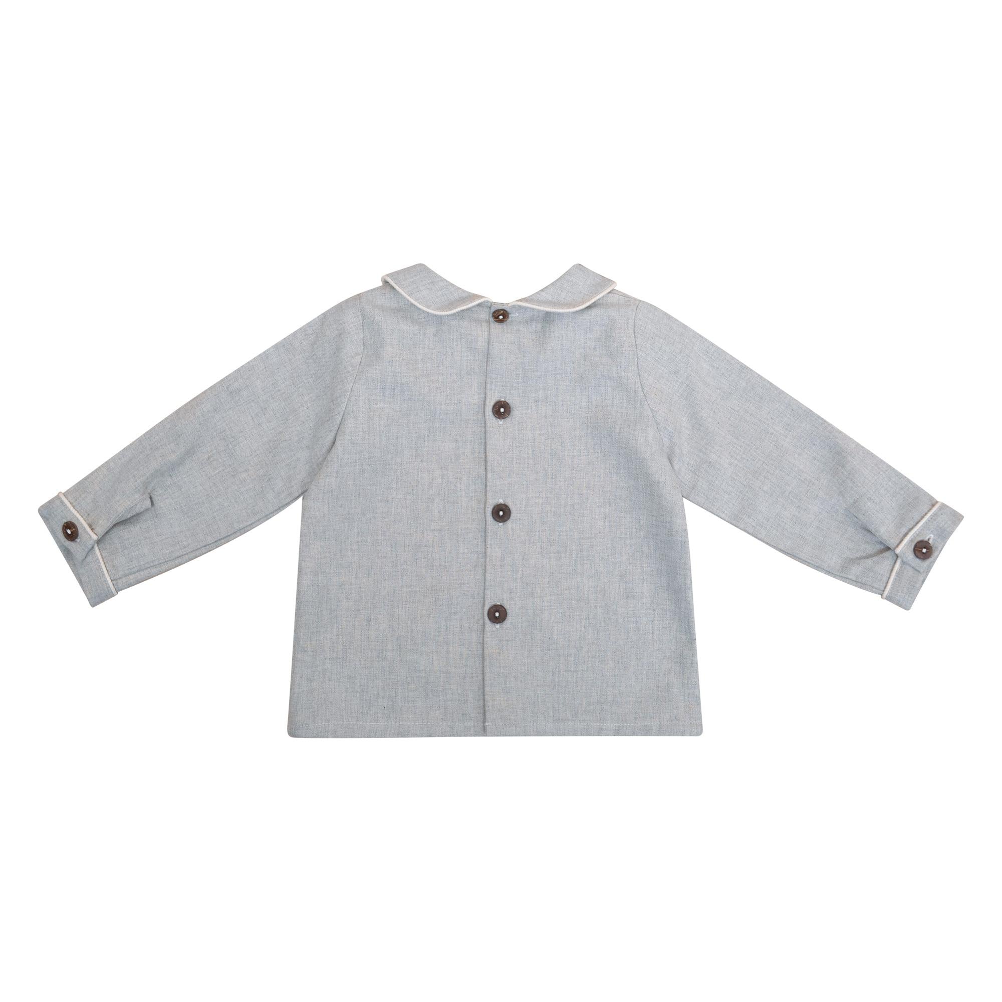 Harry, Blouse bébé manches longues, col claudine avec passepoil, en twill beige chiné - Harry, Long-sleeved baby blouse, Peter Pan collar with piping, in Heather beige twill