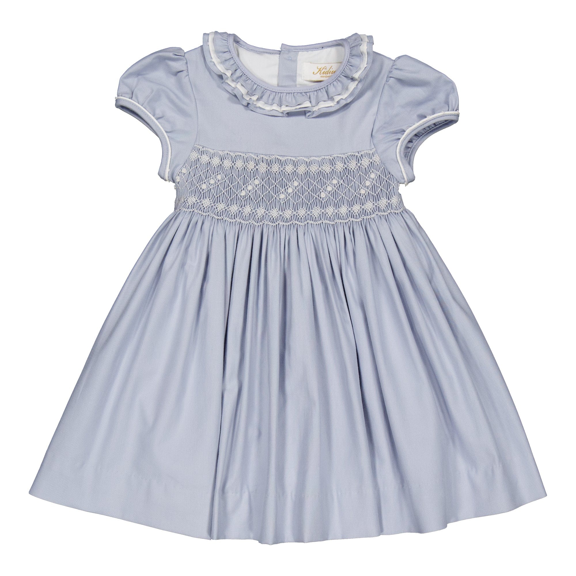 Hars, smocked dress, in Arctic blue organic cotton twill