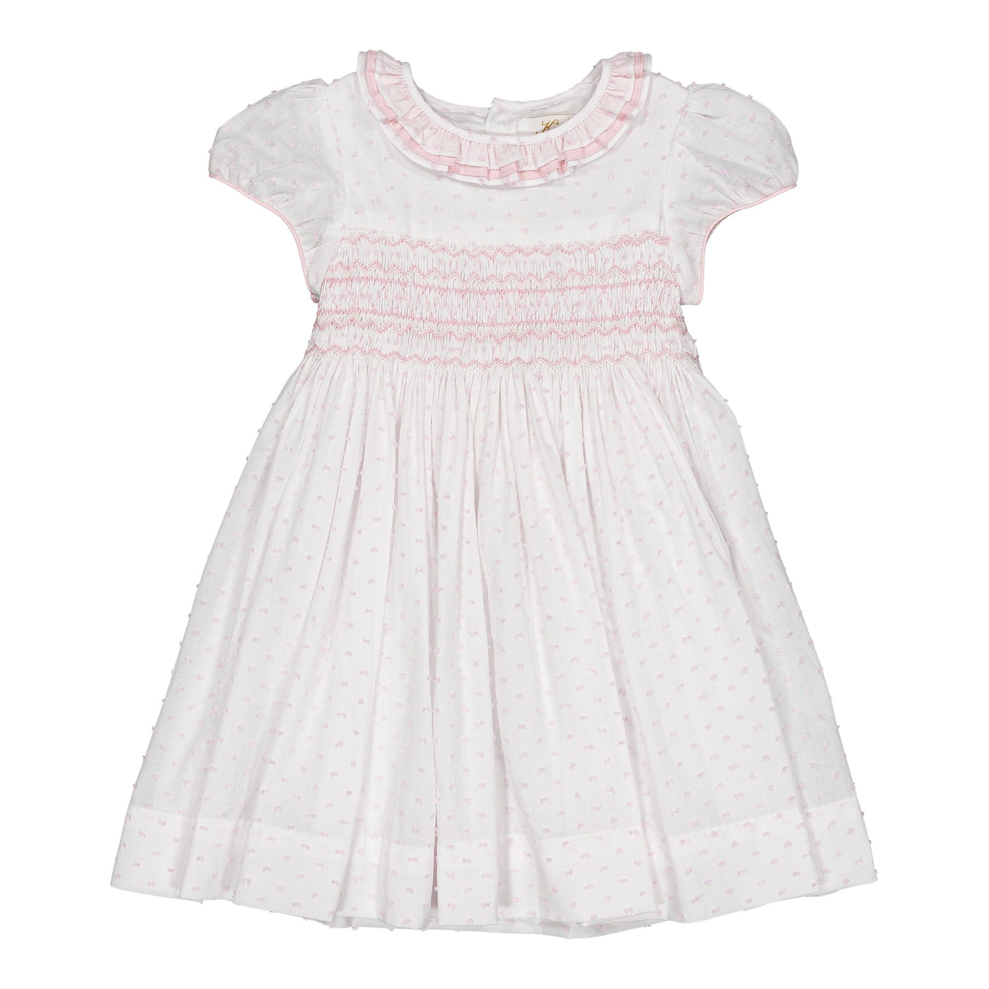 Hars, smocked dress, in White veil with pink plumetis