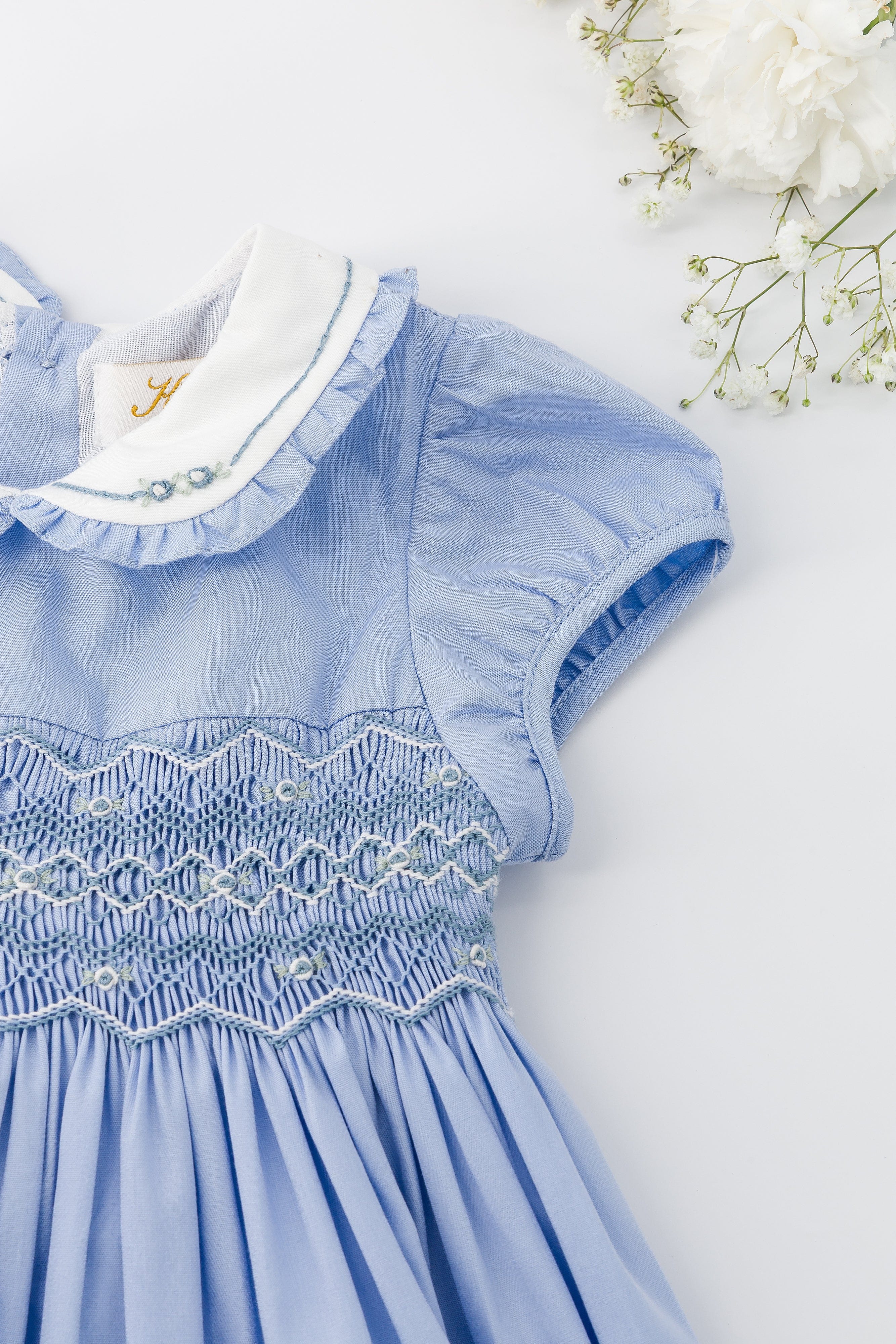 Héloïse, robe smockée, en popeline bleu barbeau