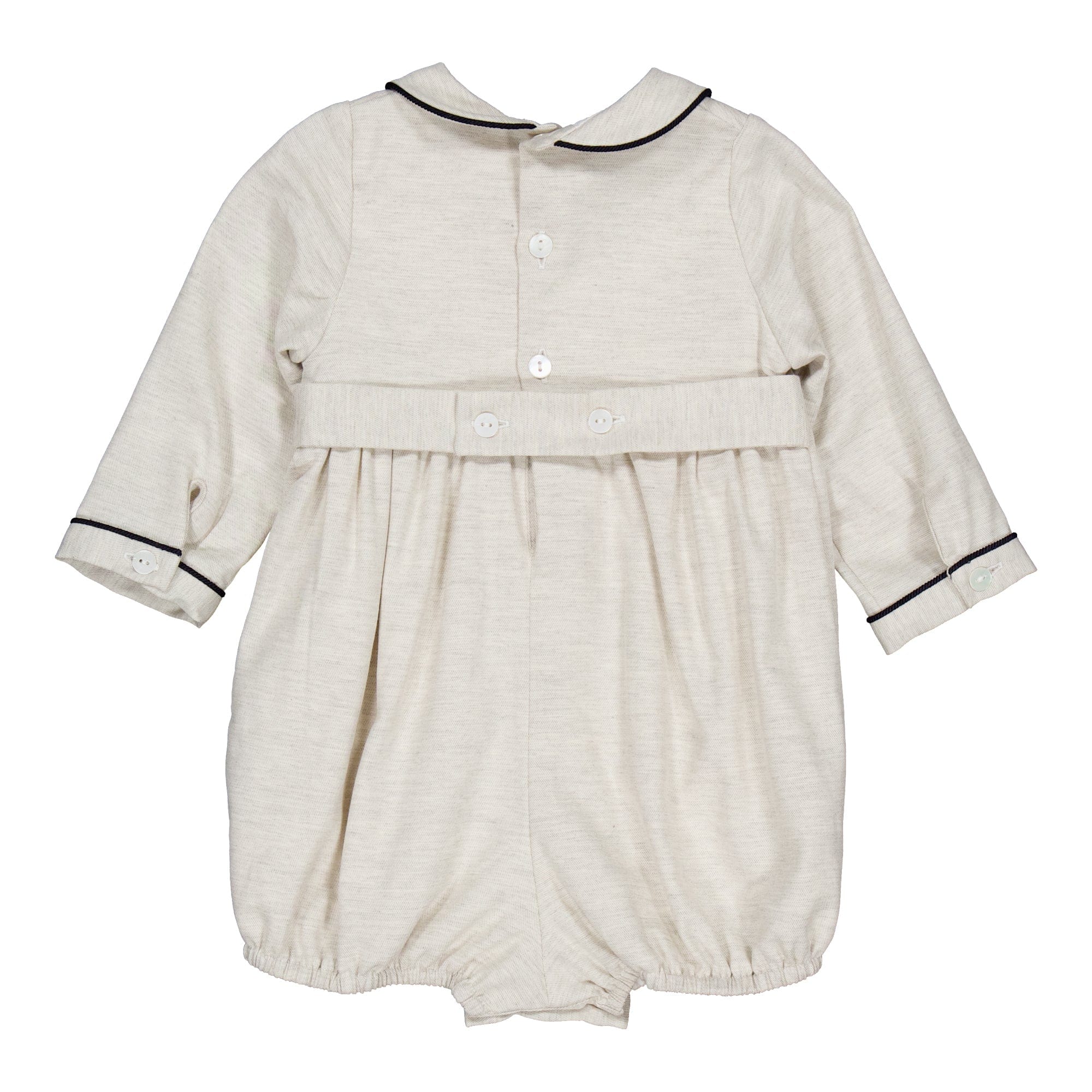 Jeannot, barboteuse smockée en twill de coton gris chiné