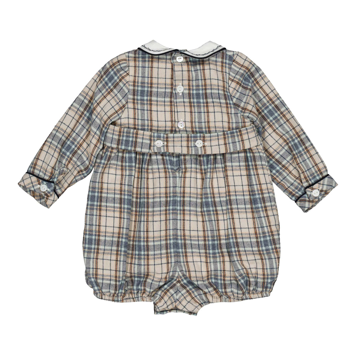 Jeannot, Barboteuse smockée pour garçon, en tartan bleu-gris
