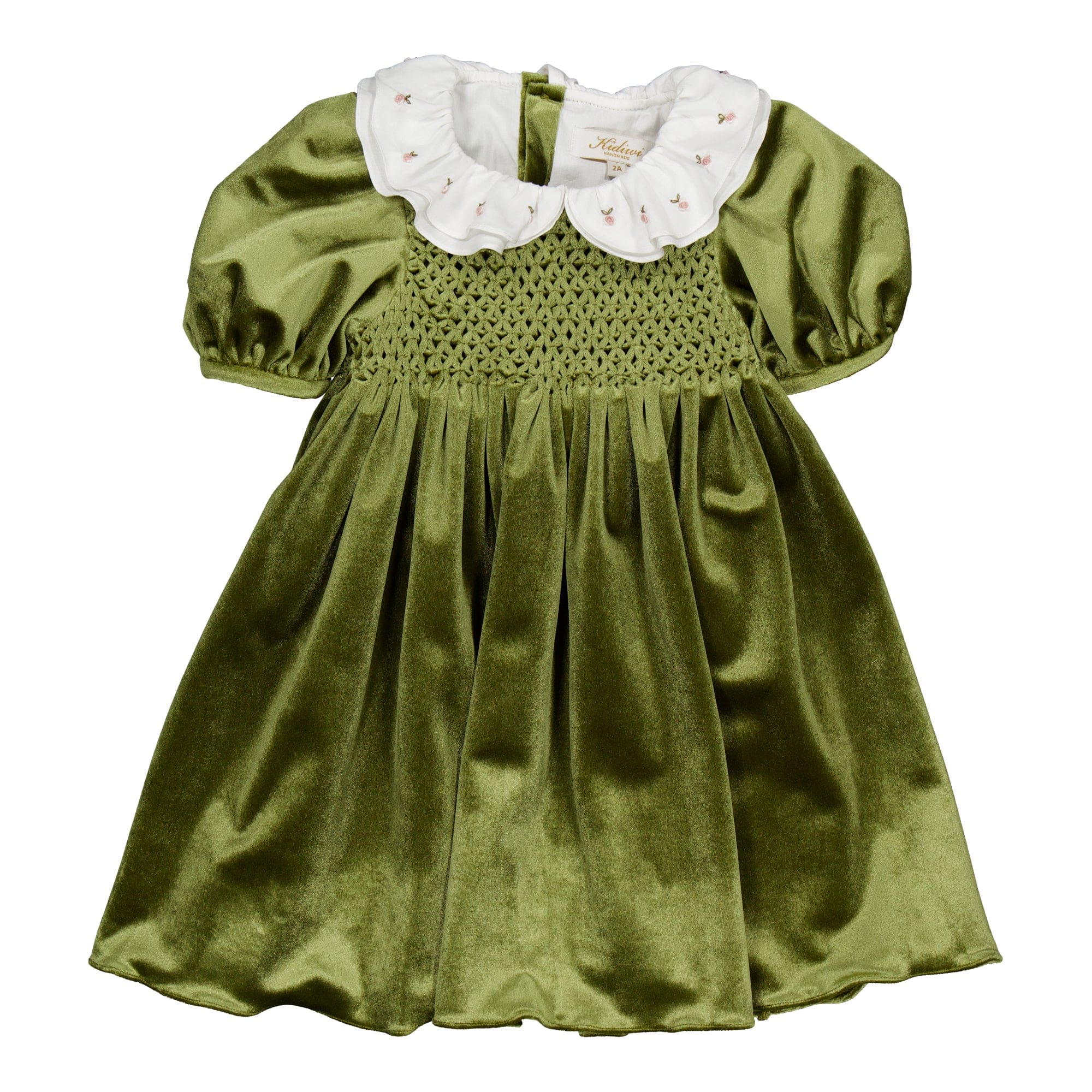Joséphine, robe smockée en velours olive
