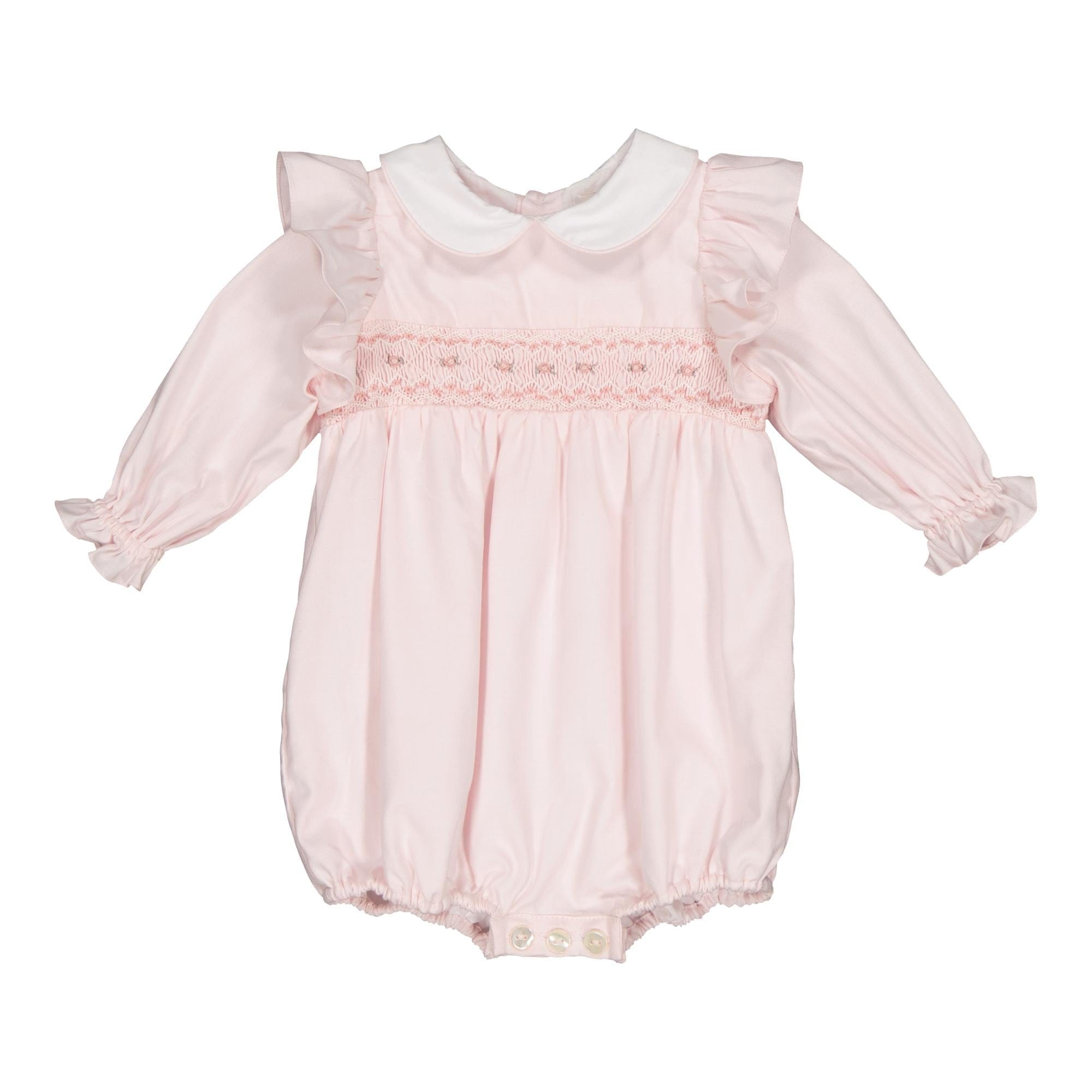 Julyne, barboteuse smockée pour bébé fille, en sergé de coton bio rose pâle