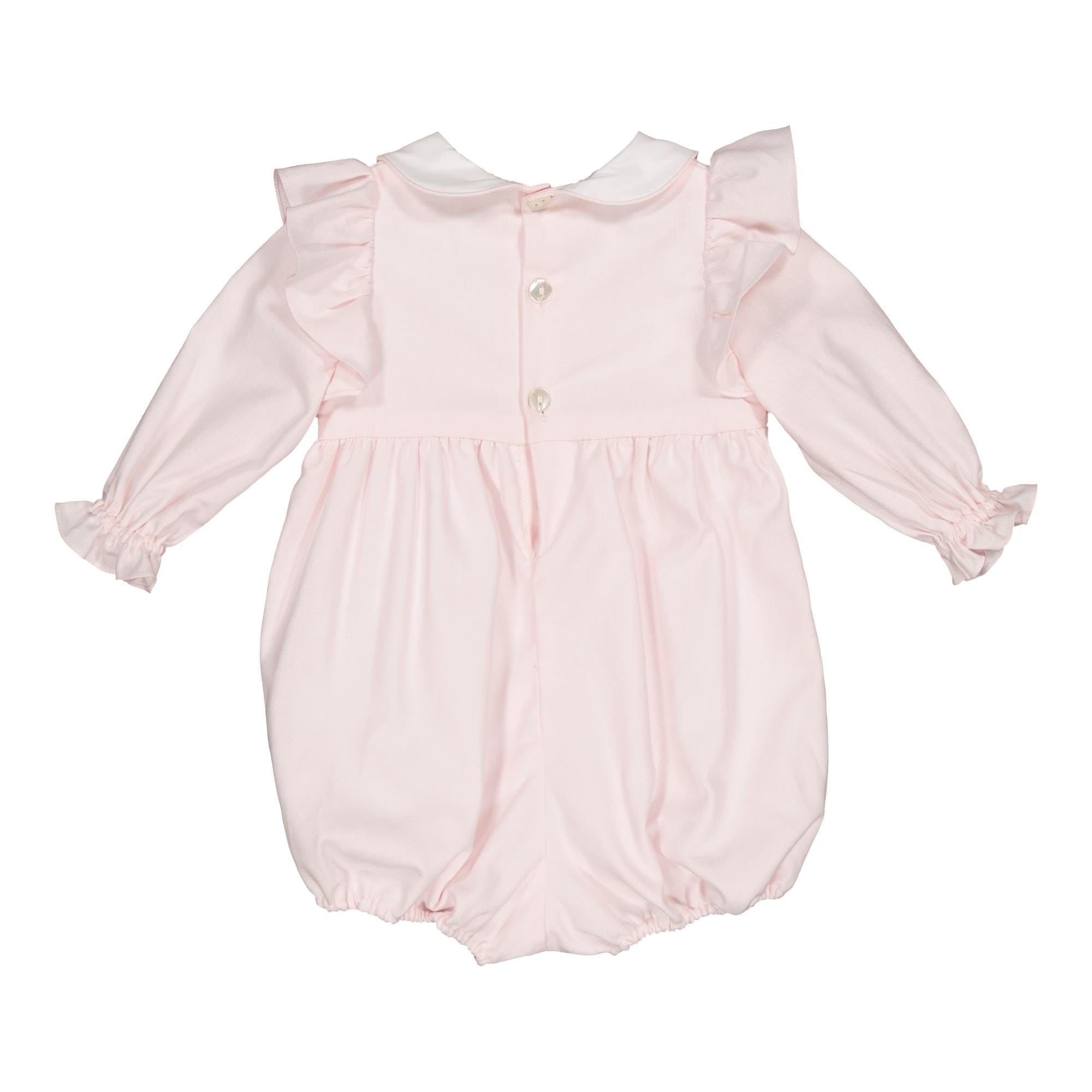 Julyne, barboteuse smockée pour bébé fille, en sergé de coton bio rose pâle