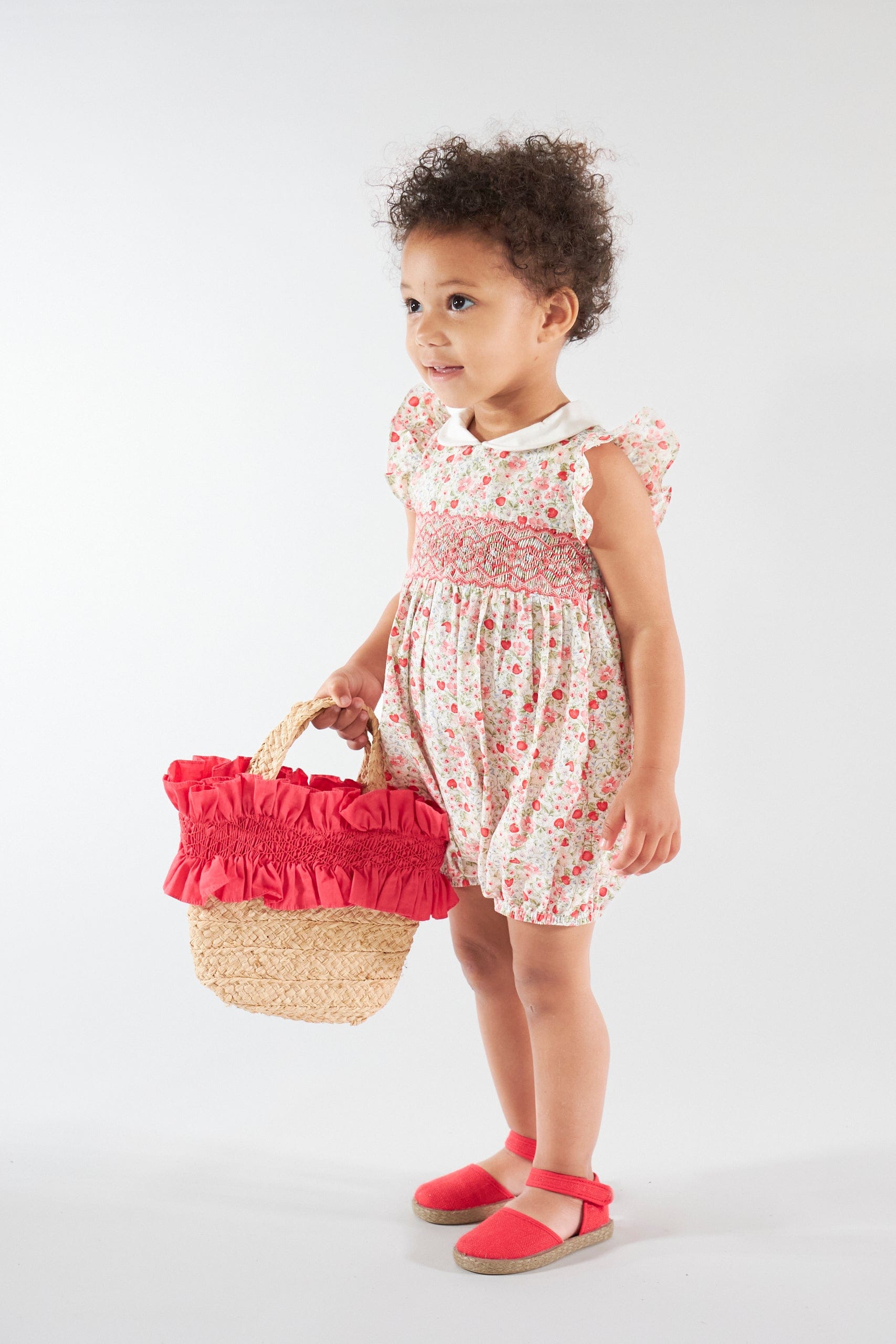 Julyne, barboteuse smockée pour fille, imprimé rouge cerise