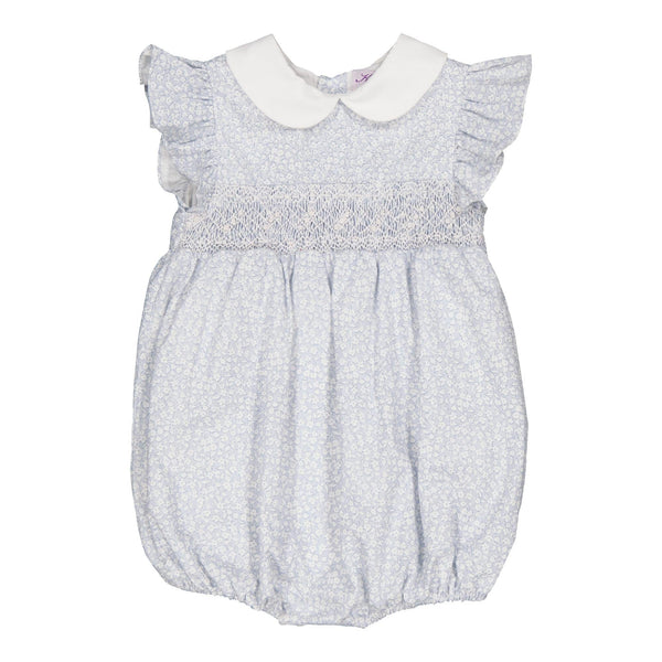 Julyne , smocked baby girl romper with ruffled sleeves and white Peter Pan collar, in Small sky blue print