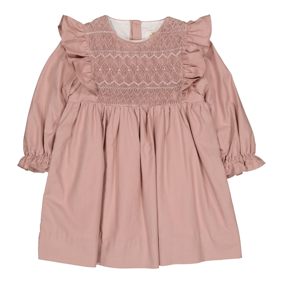 Léa-Rosa, robe à smocks en sergé de coton biologique sable rose