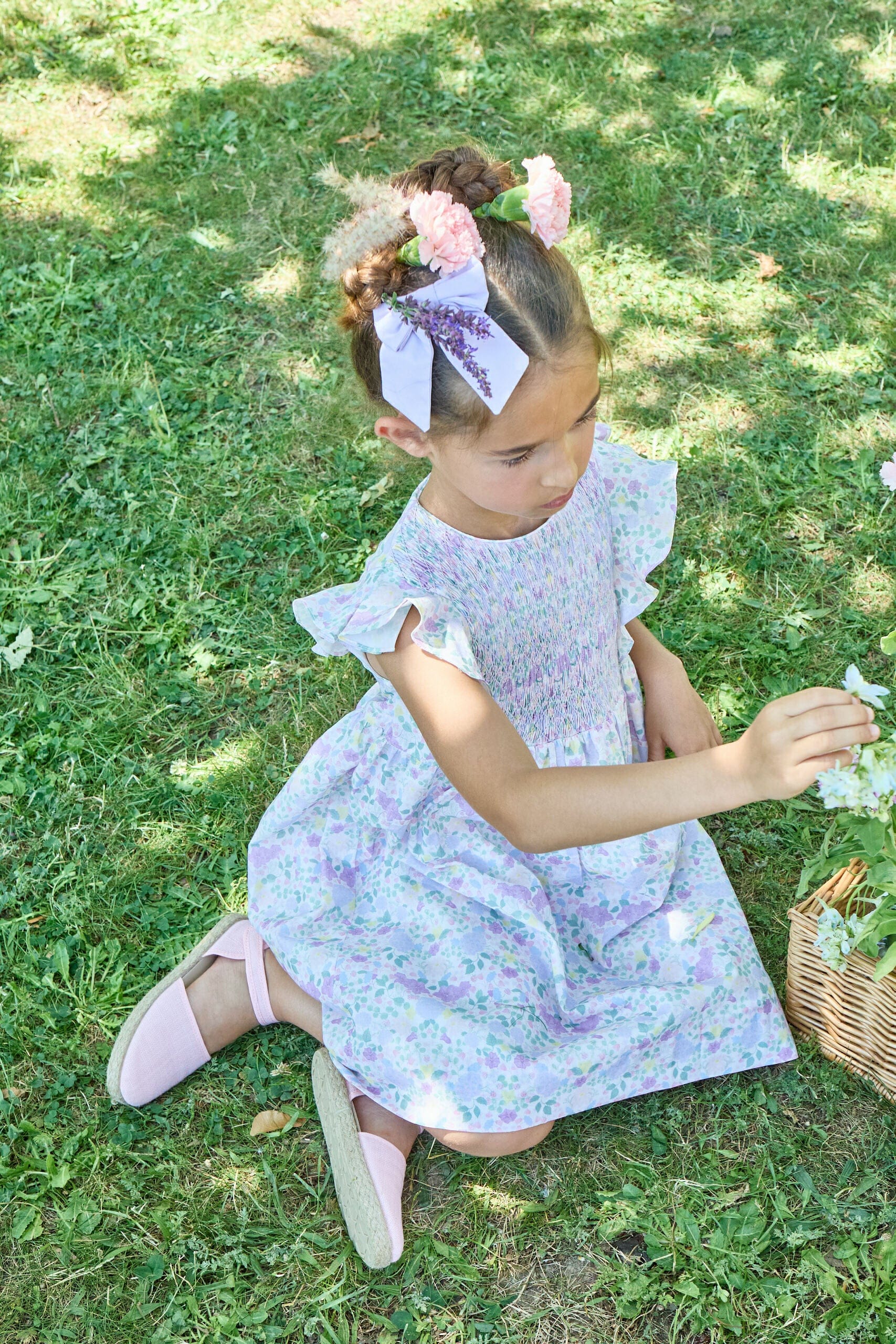 Léanne, smocked dress, in Exclusive Lilac and pink garden print