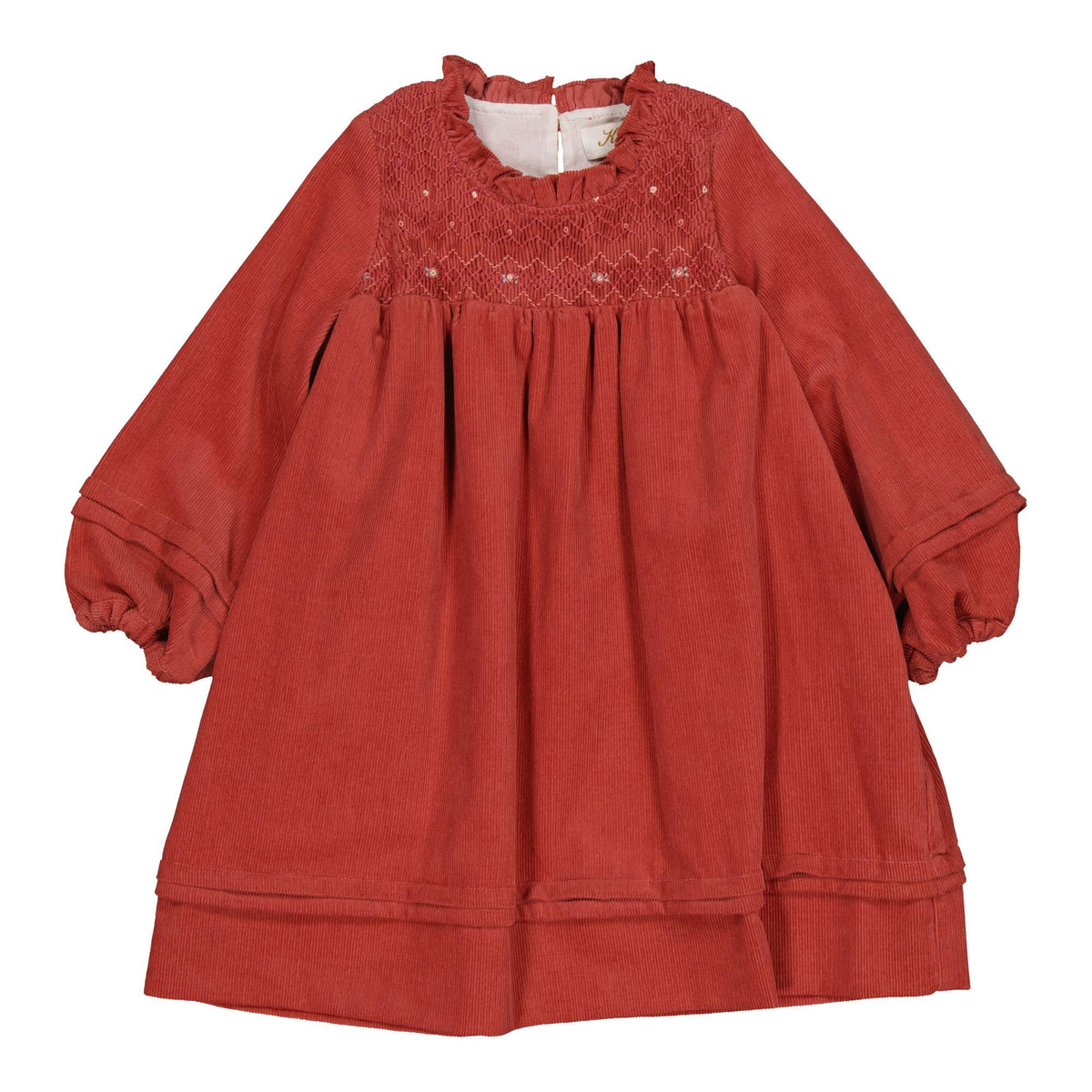 Léonie, smocked dress, in Terracotta corduroy