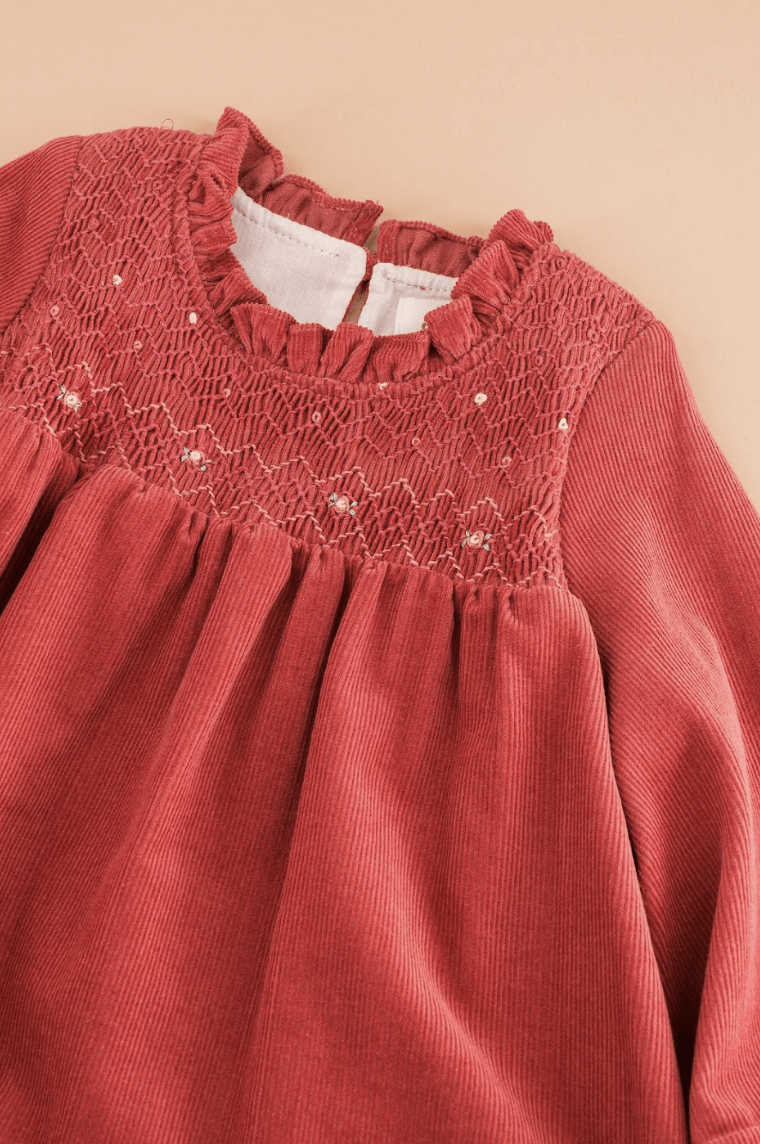 Léonie, smocked dress, in Terracotta corduroy
