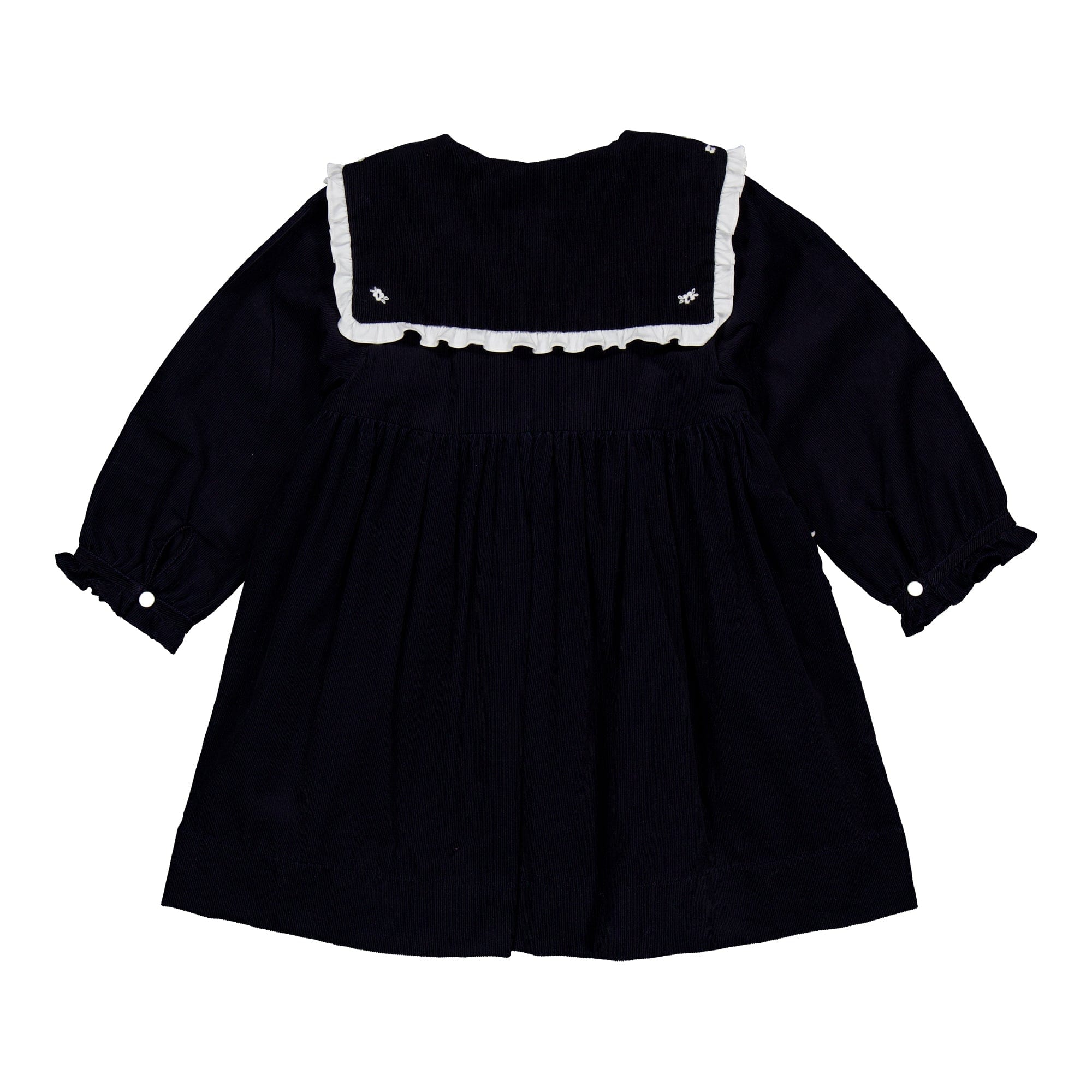 Léontine, robe brodée en velours côtelé marine