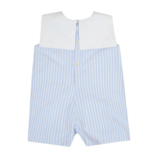 Liseron, baby boy romper with scarf collar on the front and boat neck in the back, inBlue and white seersucker stripes