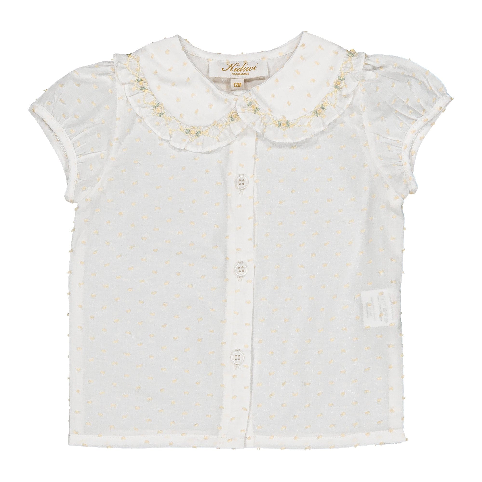 Lorena, chemisier pour fille, en voile blanc avec plumetis jaune