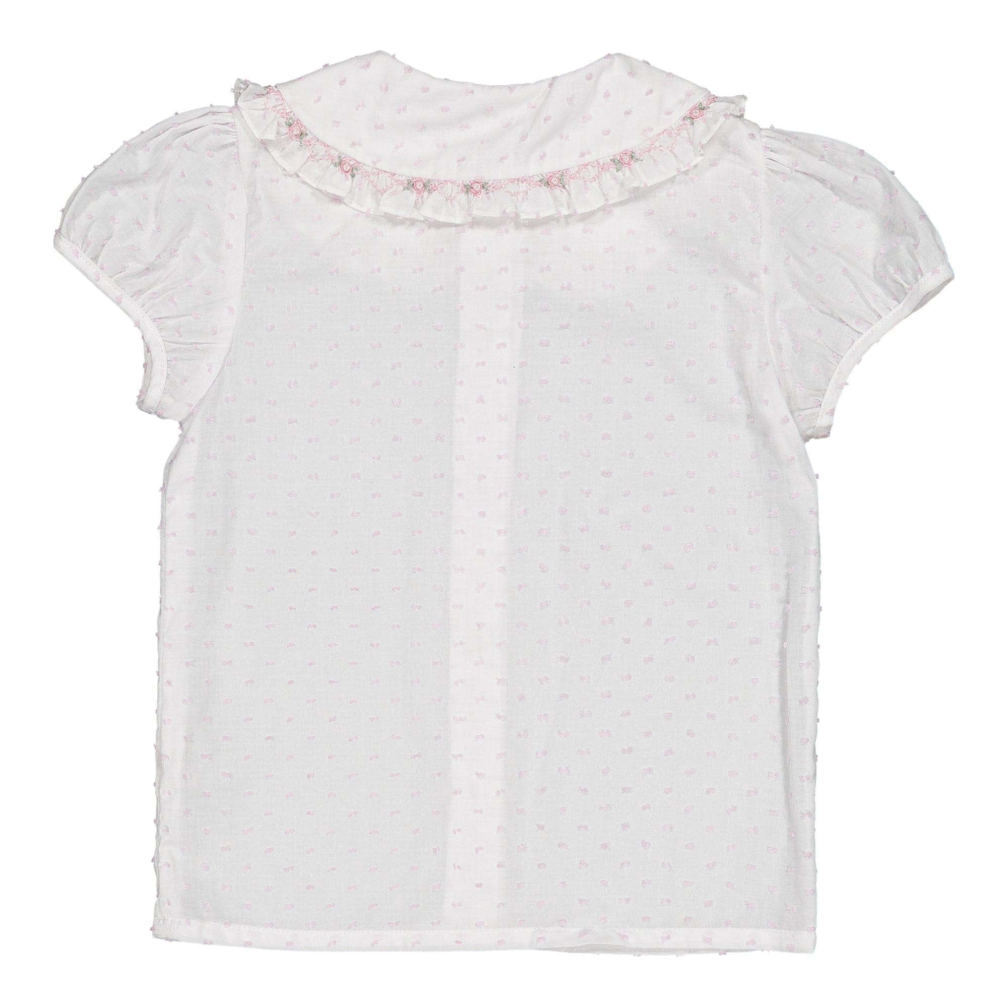 Lorena, chemisier pour fille, en voile blanc avec plumetis rose
